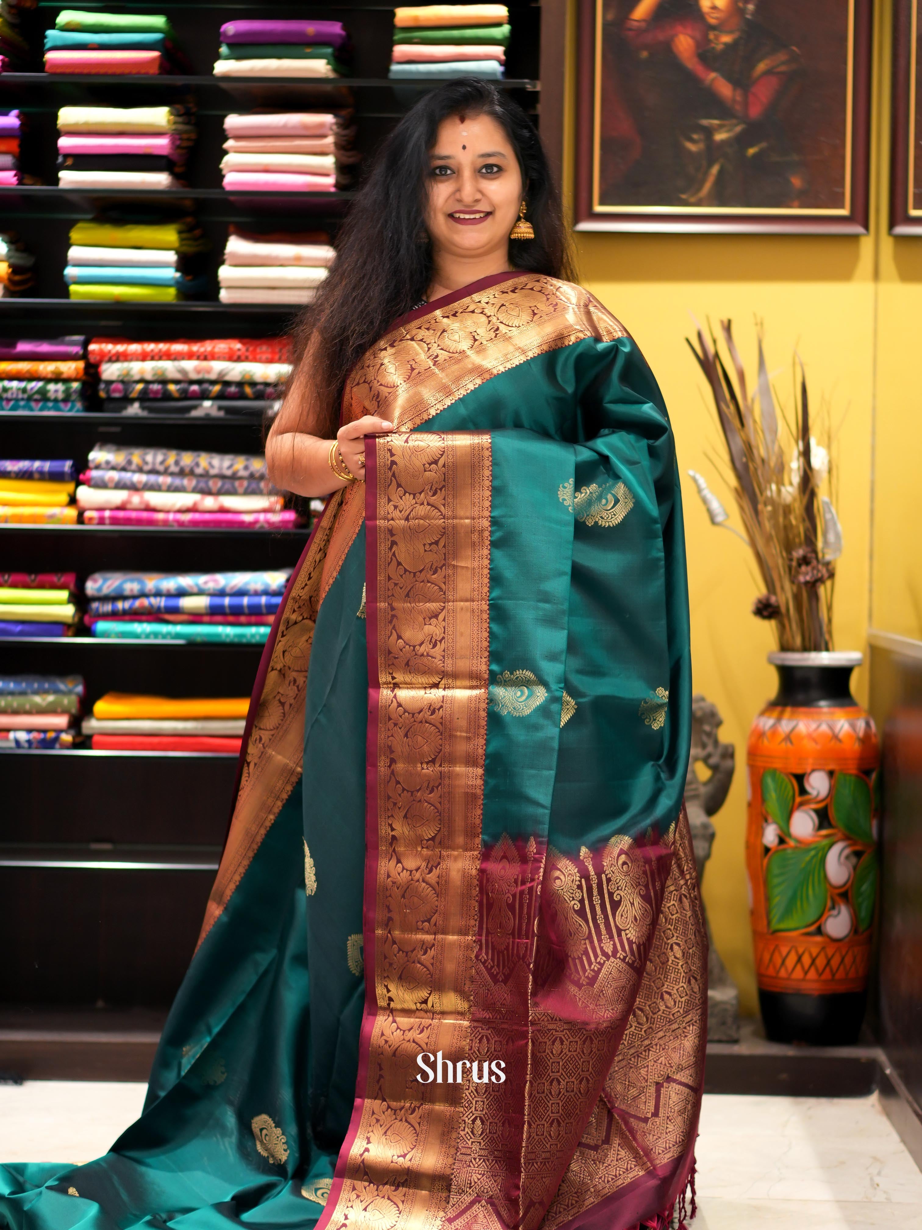 Peacock Green & Maroon - Kanchi Border Soft Silk Saree-1