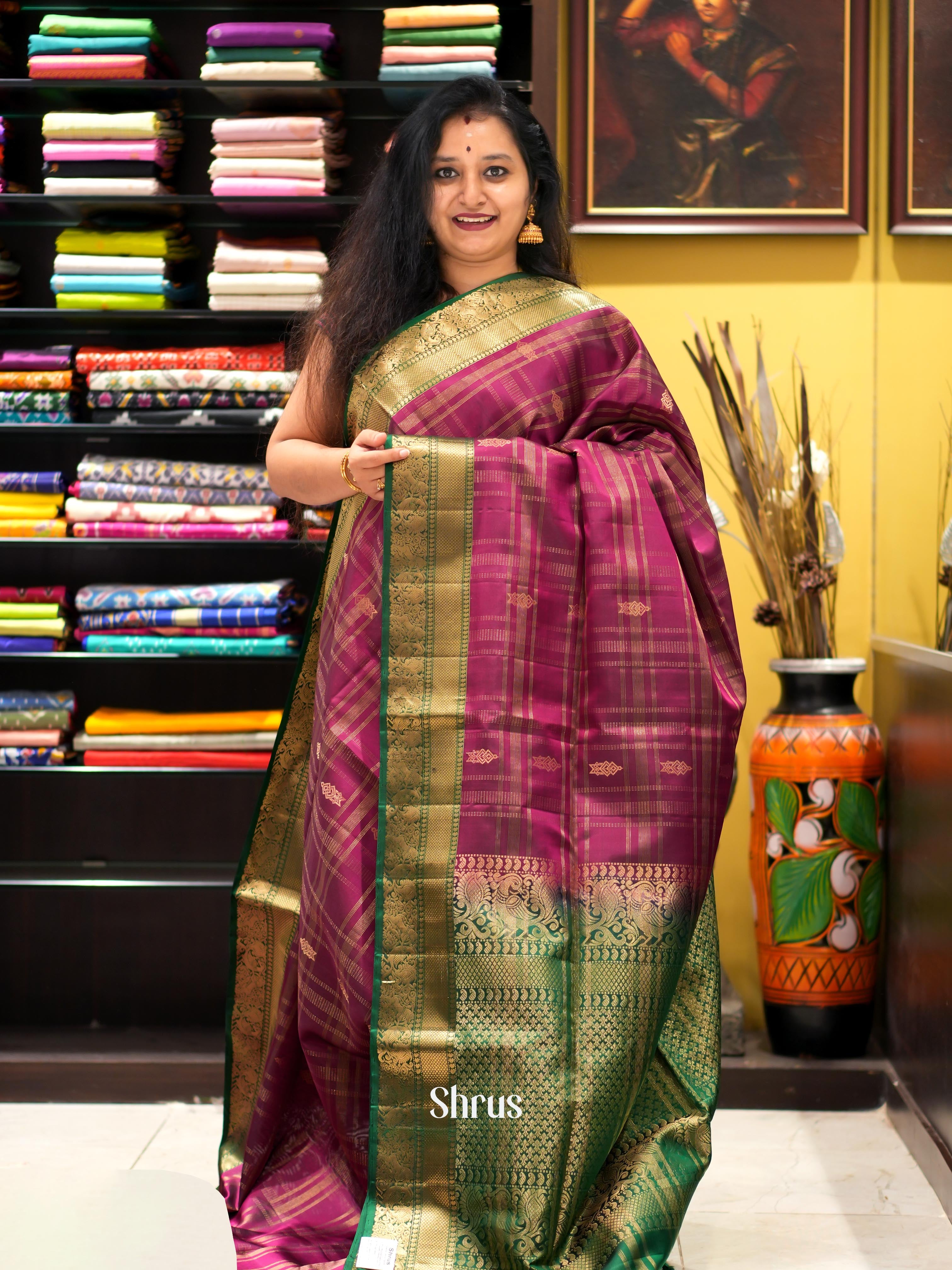 Purple & Green- Kanchi Border Soft Silk Saree - Shop on ShrusEternity.com