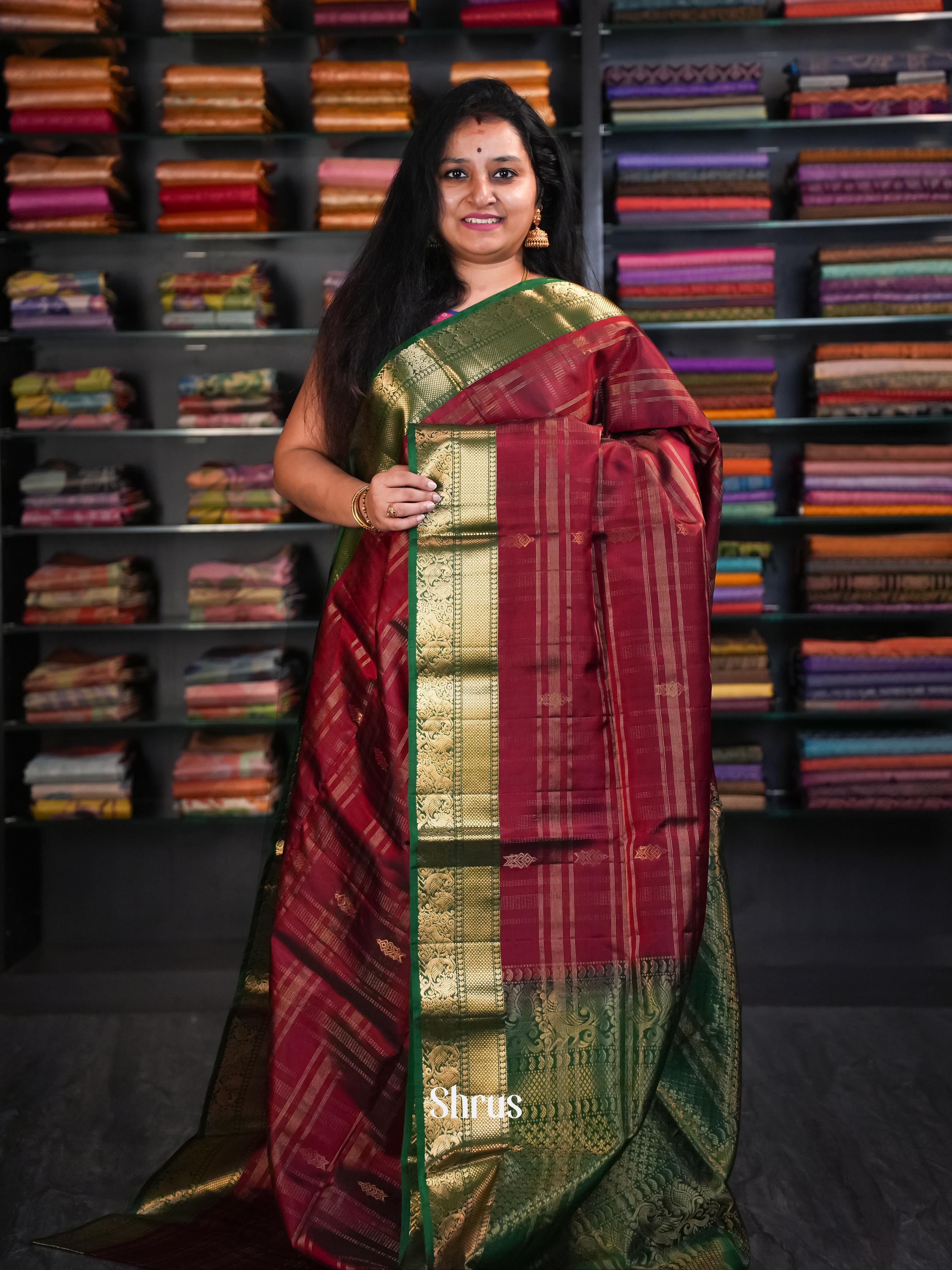 Maroon & Green - Kanchi Border Soft Silk Saree - Shop on ShrusEternity.com
