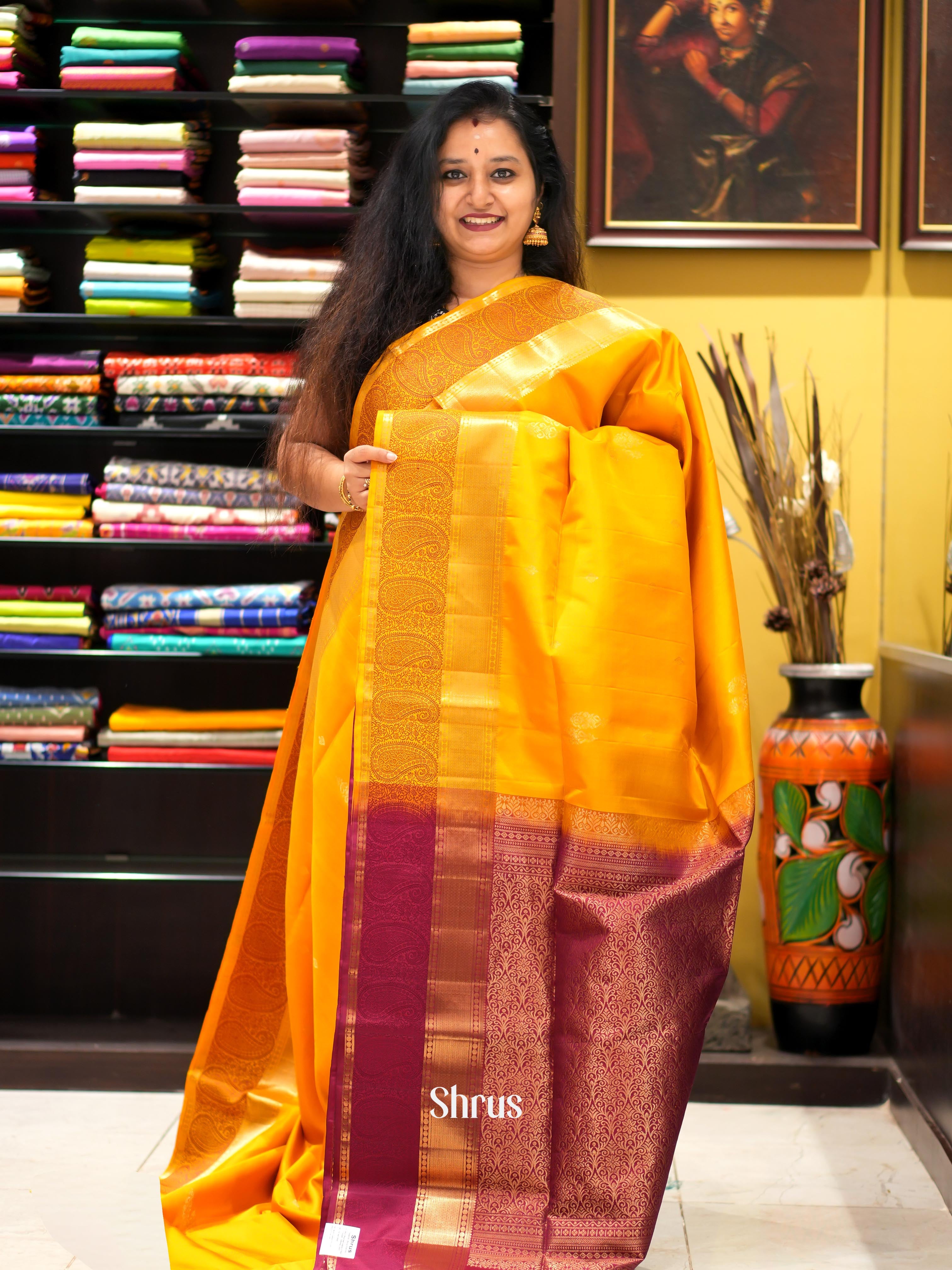 Yellow & Maroon - Kanchi Border Soft Silk Saree - Shop on ShrusEternity.com