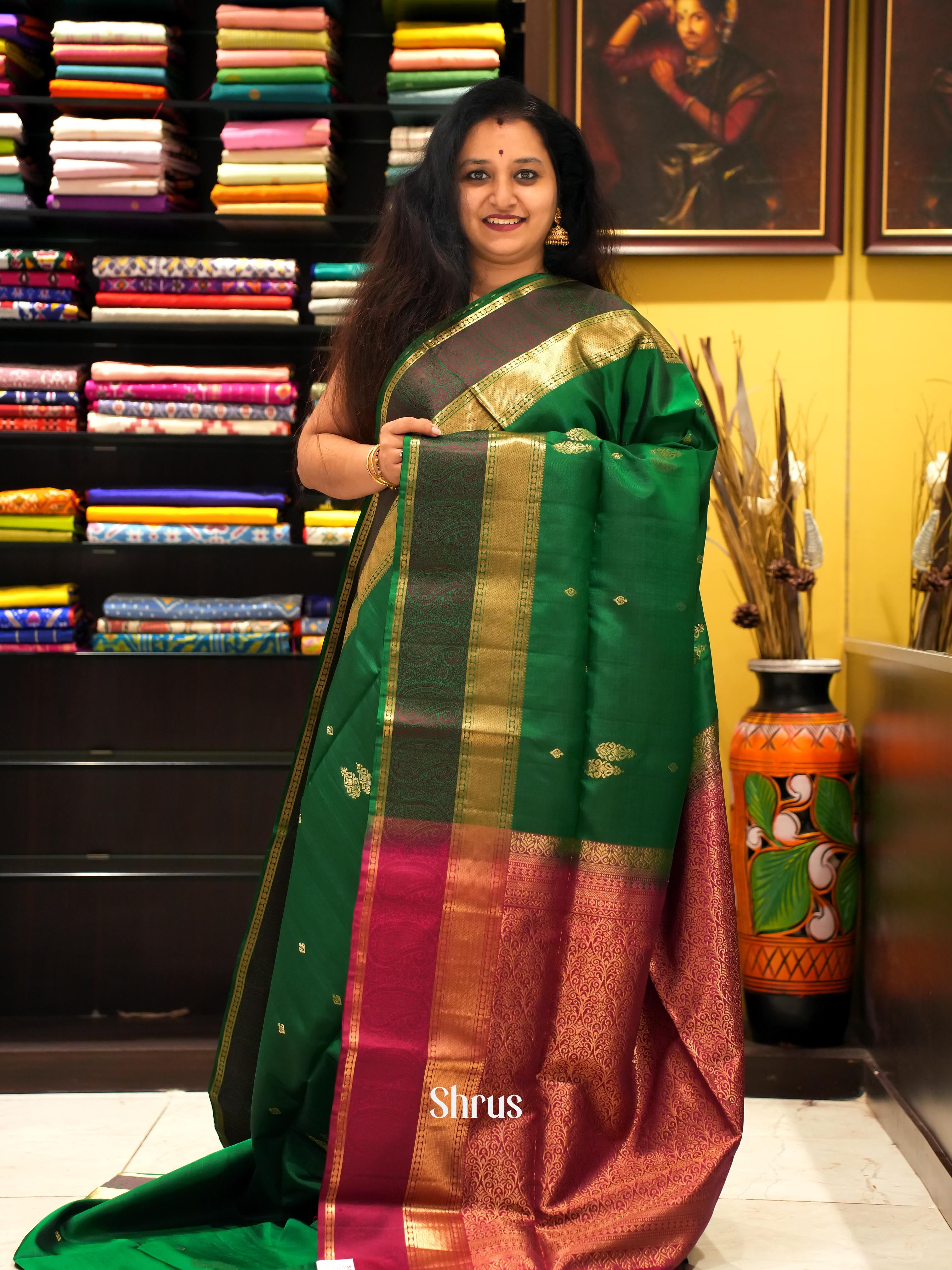 Green & Maroon - Kanchi Border Soft Silk Saree - Shop on ShrusEternity.com