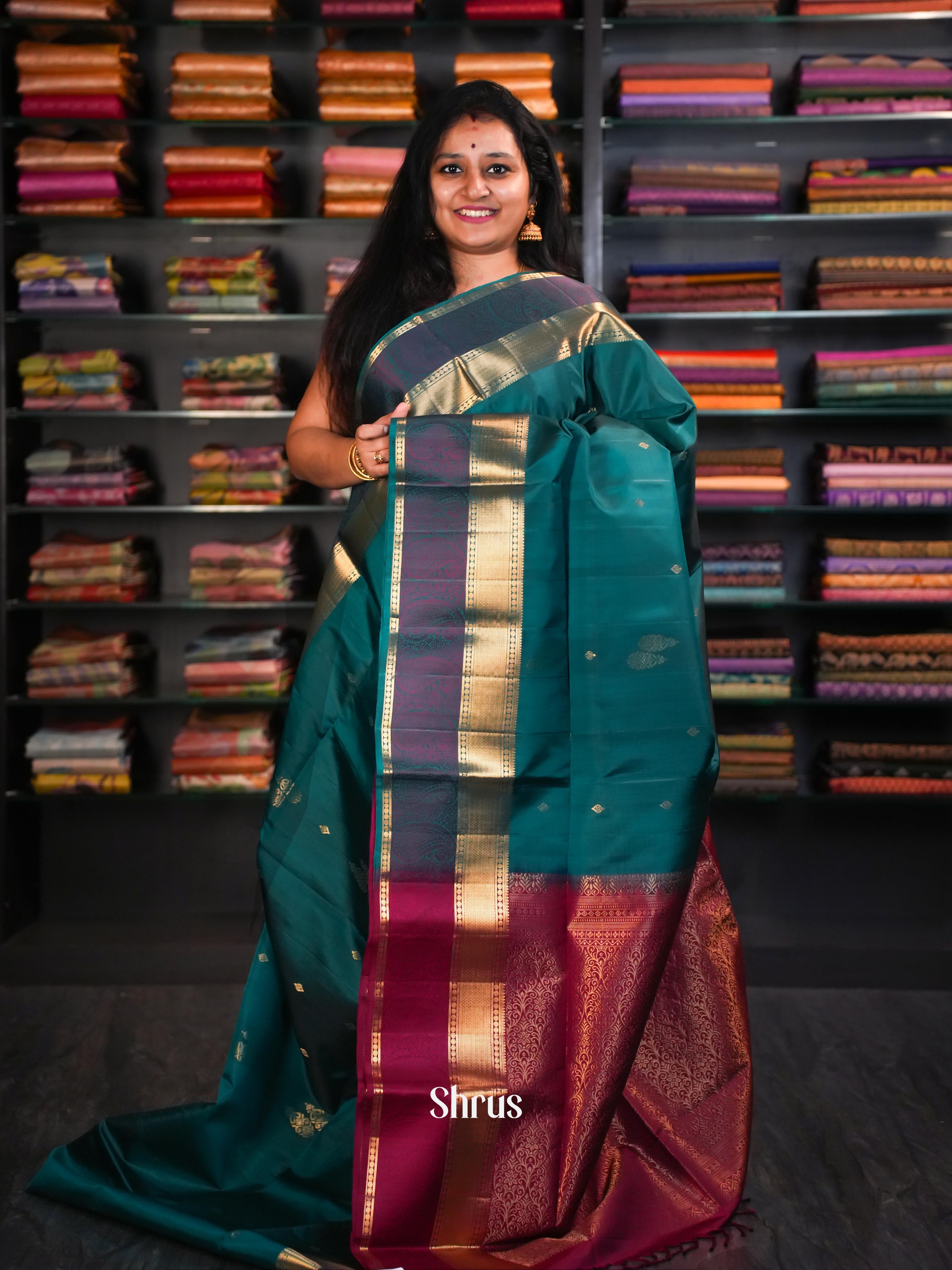 Green & Maroon - Soft Silk Saree - Shop on ShrusEternity.com