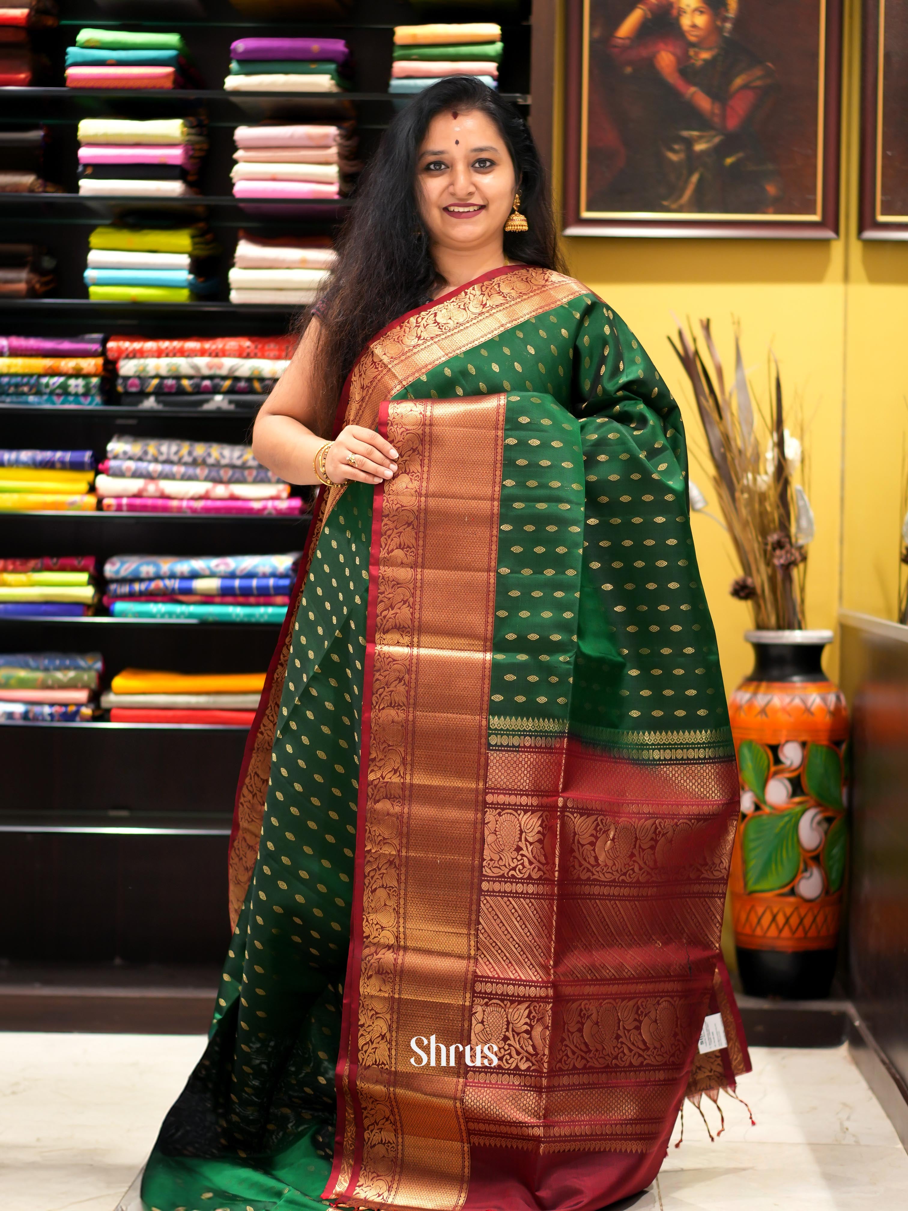 Green & Maroon - Soft Silk Saree - Shop on ShrusEternity.com