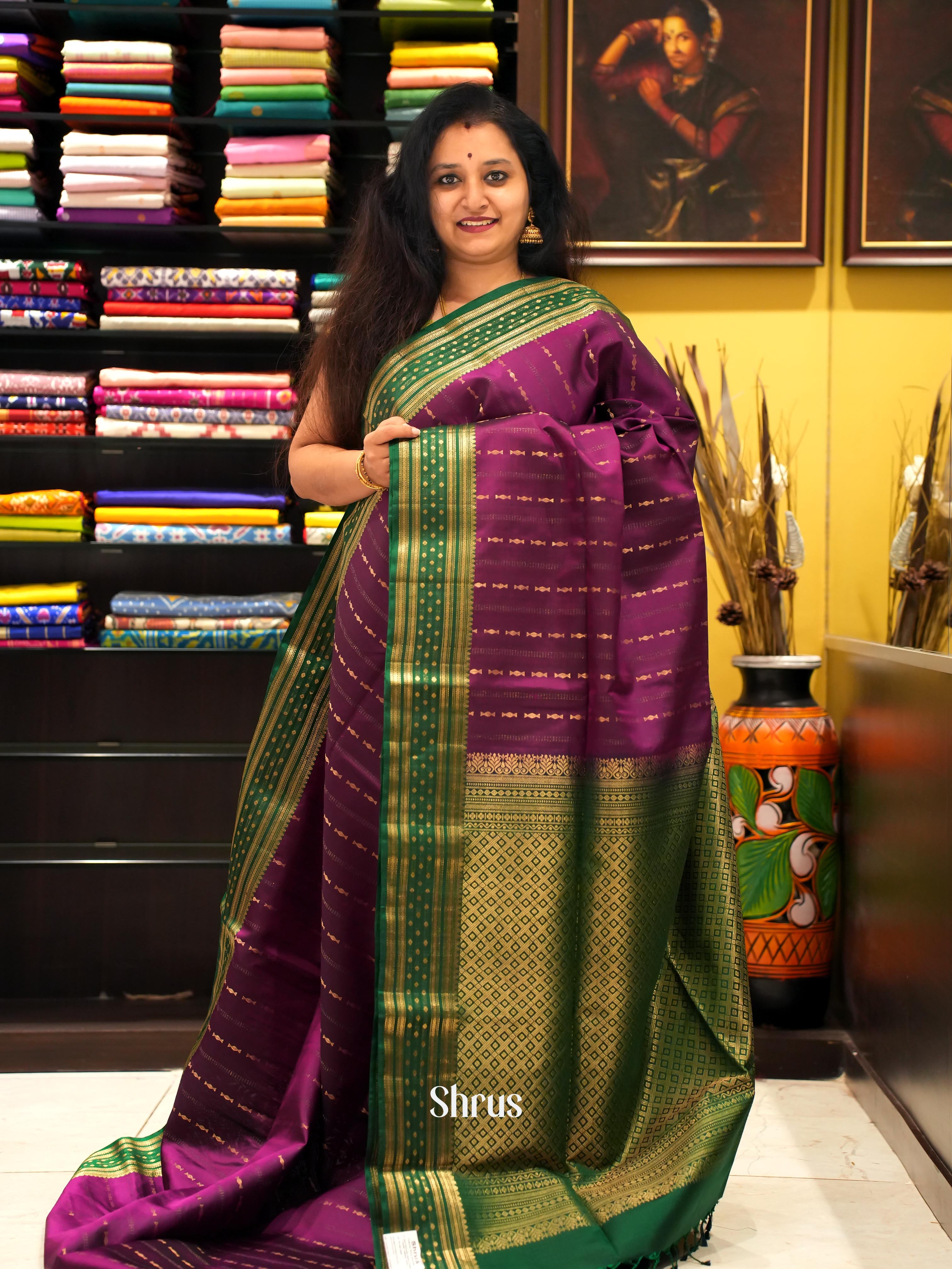 Purple & Green - Kanchi Border Soft Silk Saree - Shop on ShrusEternity.com