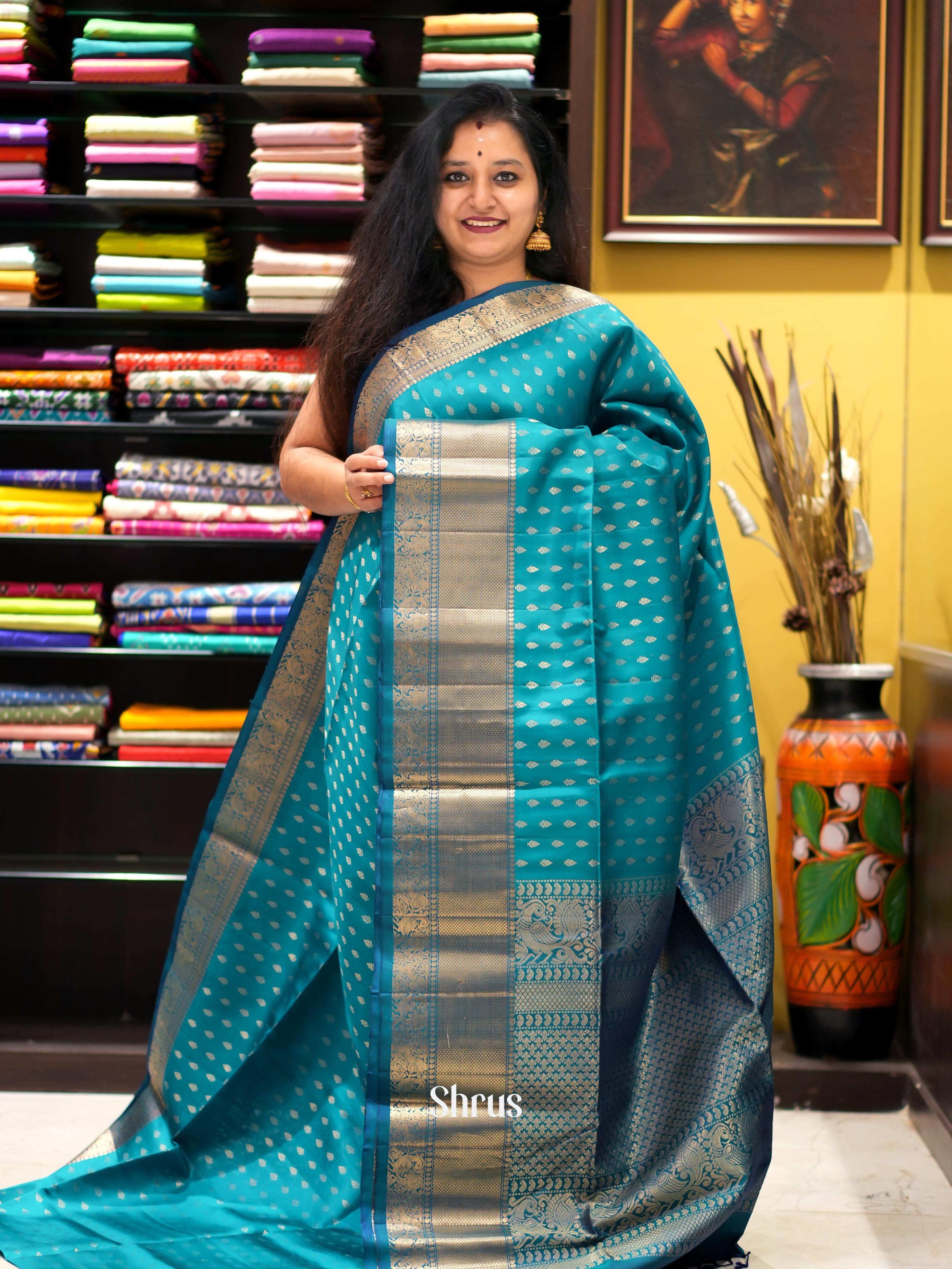 Teal & Blue - Soft Silk Saree - Shop on ShrusEternity.com