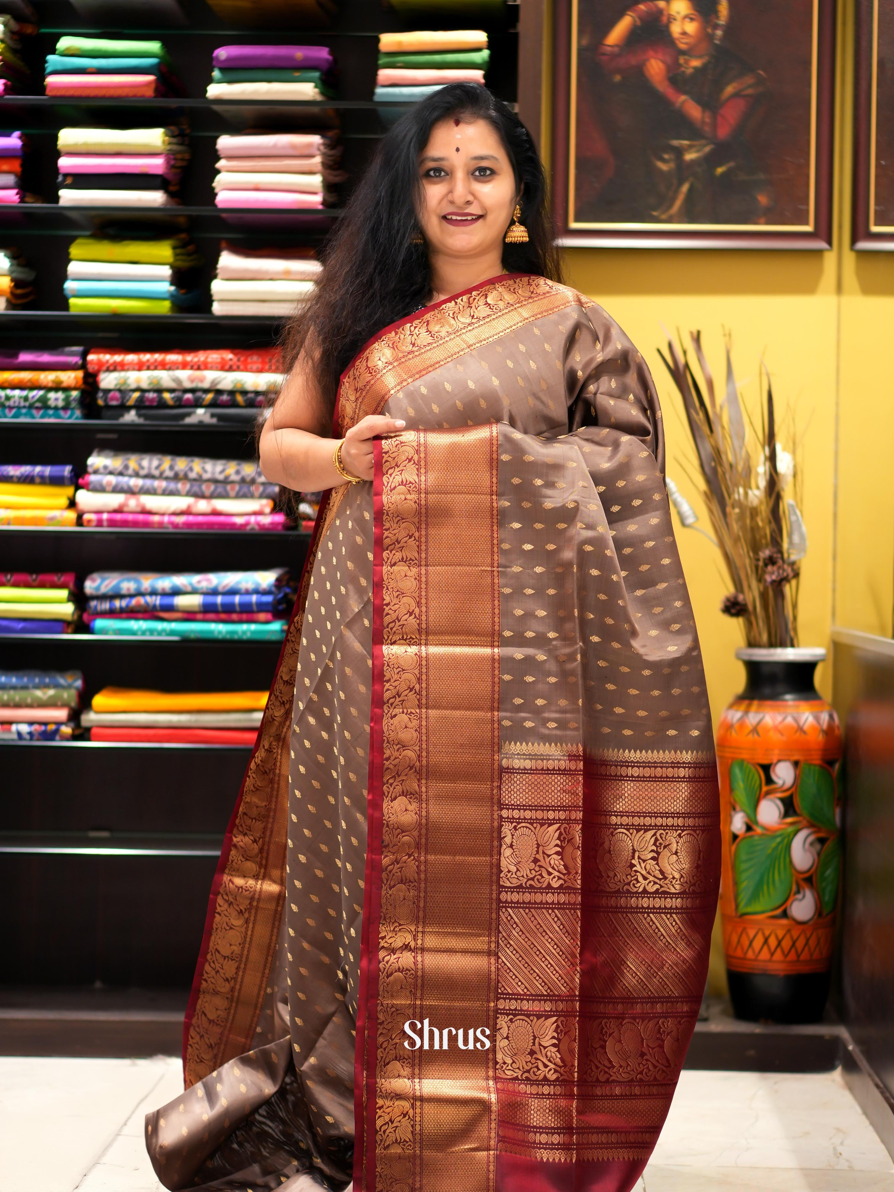 Grey & Maroon - Soft Silk Saree - Shop on ShrusEternity.com