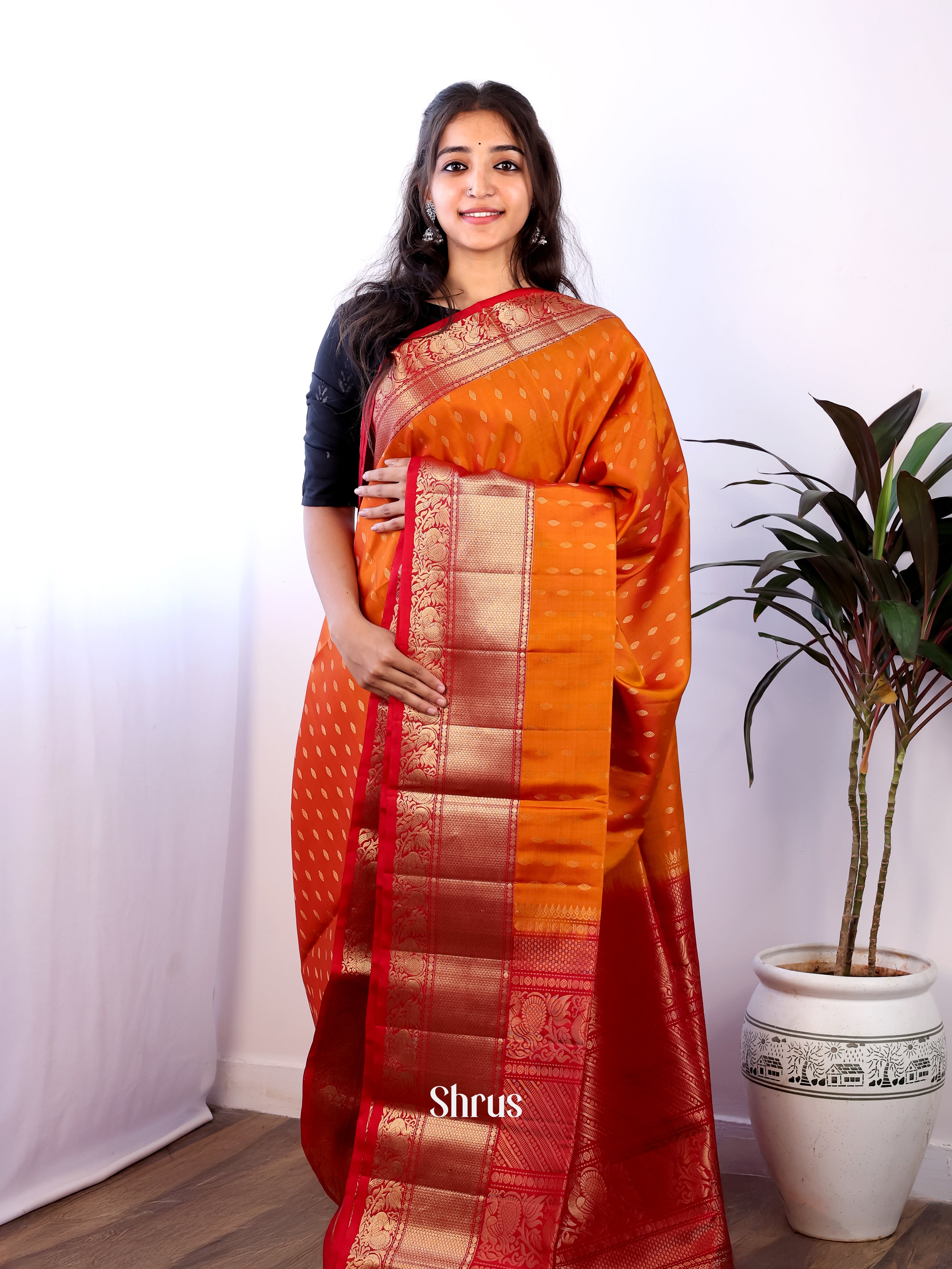 Orange & Red - Soft Silk Saree - Shop on ShrusEternity.com