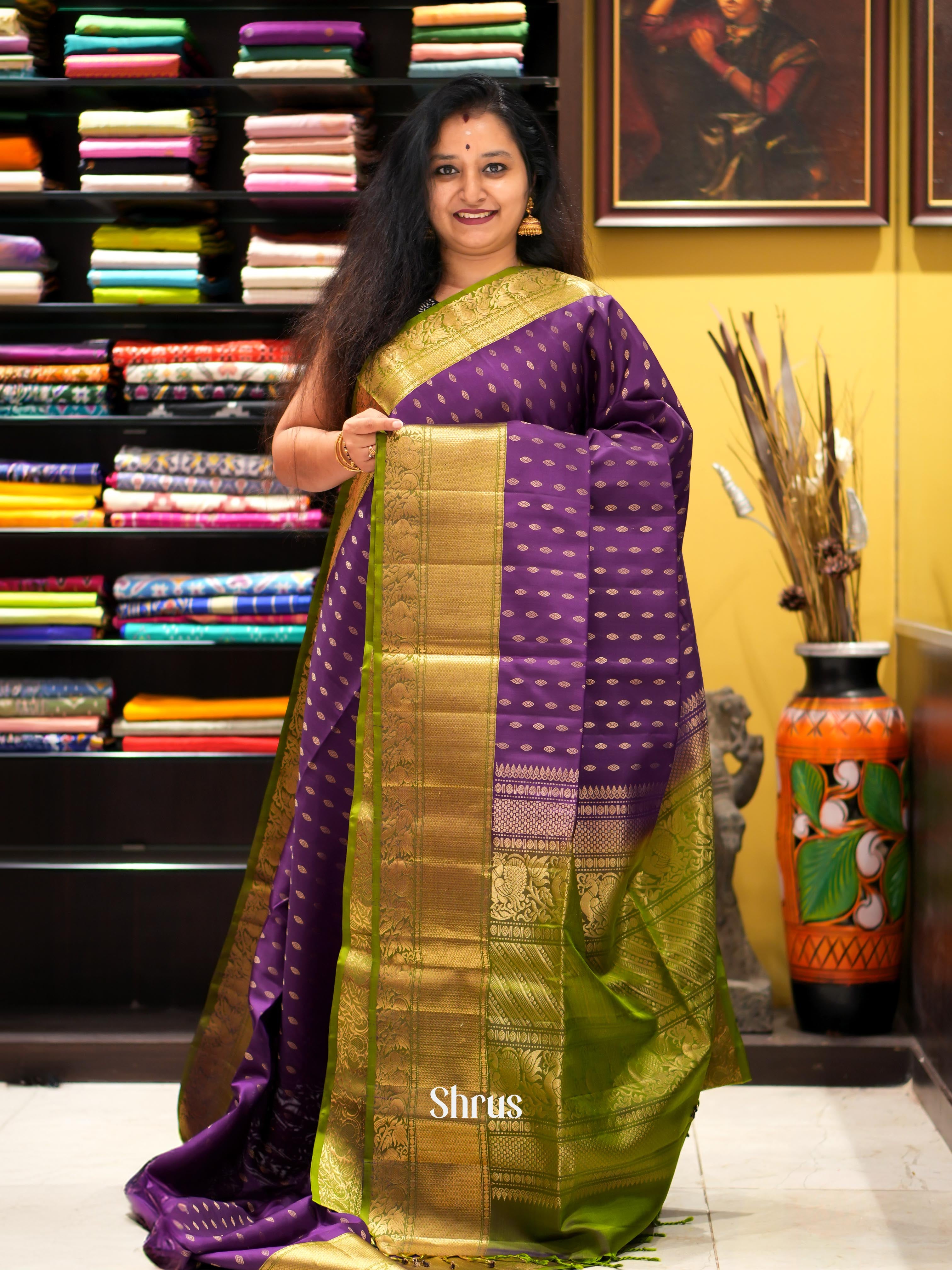 Violet & Green - Soft Silk Saree - Shop on ShrusEternity.com