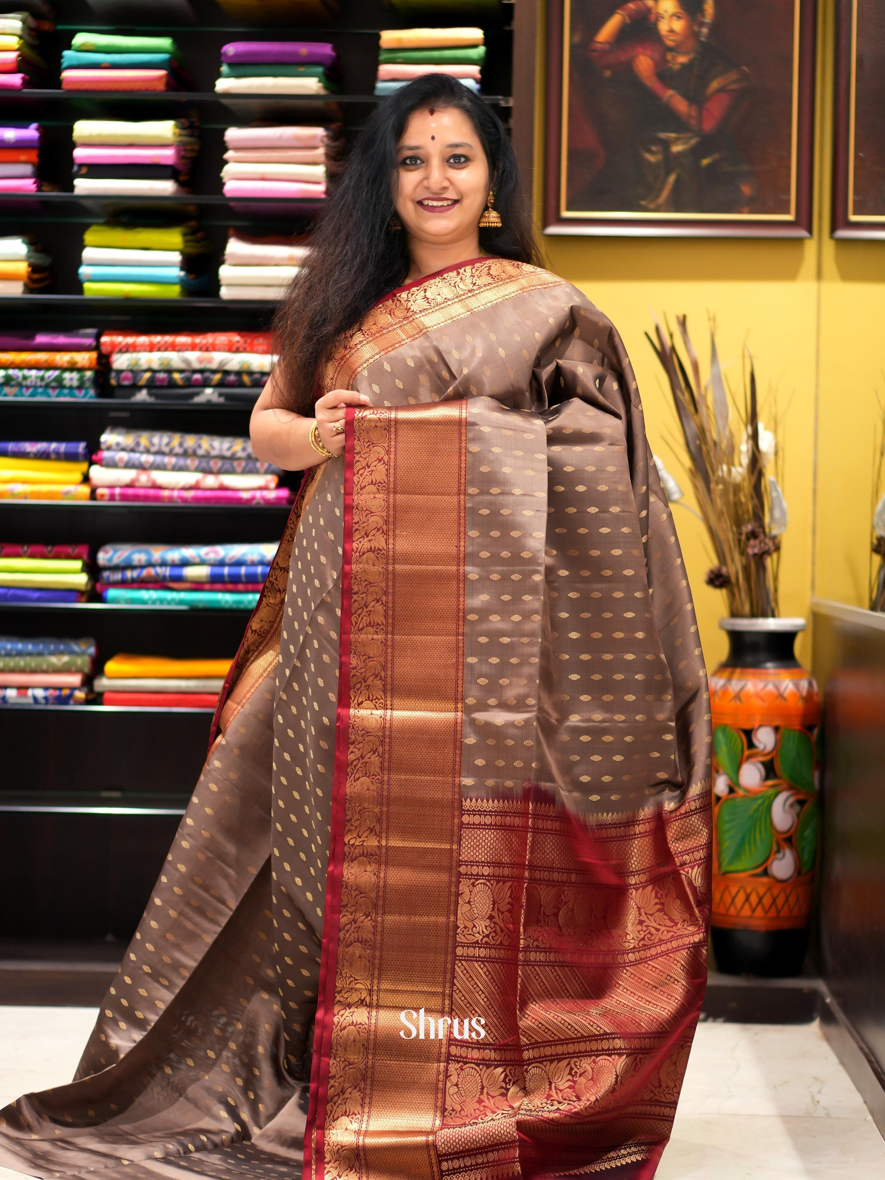 Grey & Maroon - Soft Silk Saree - Shop on ShrusEternity.com