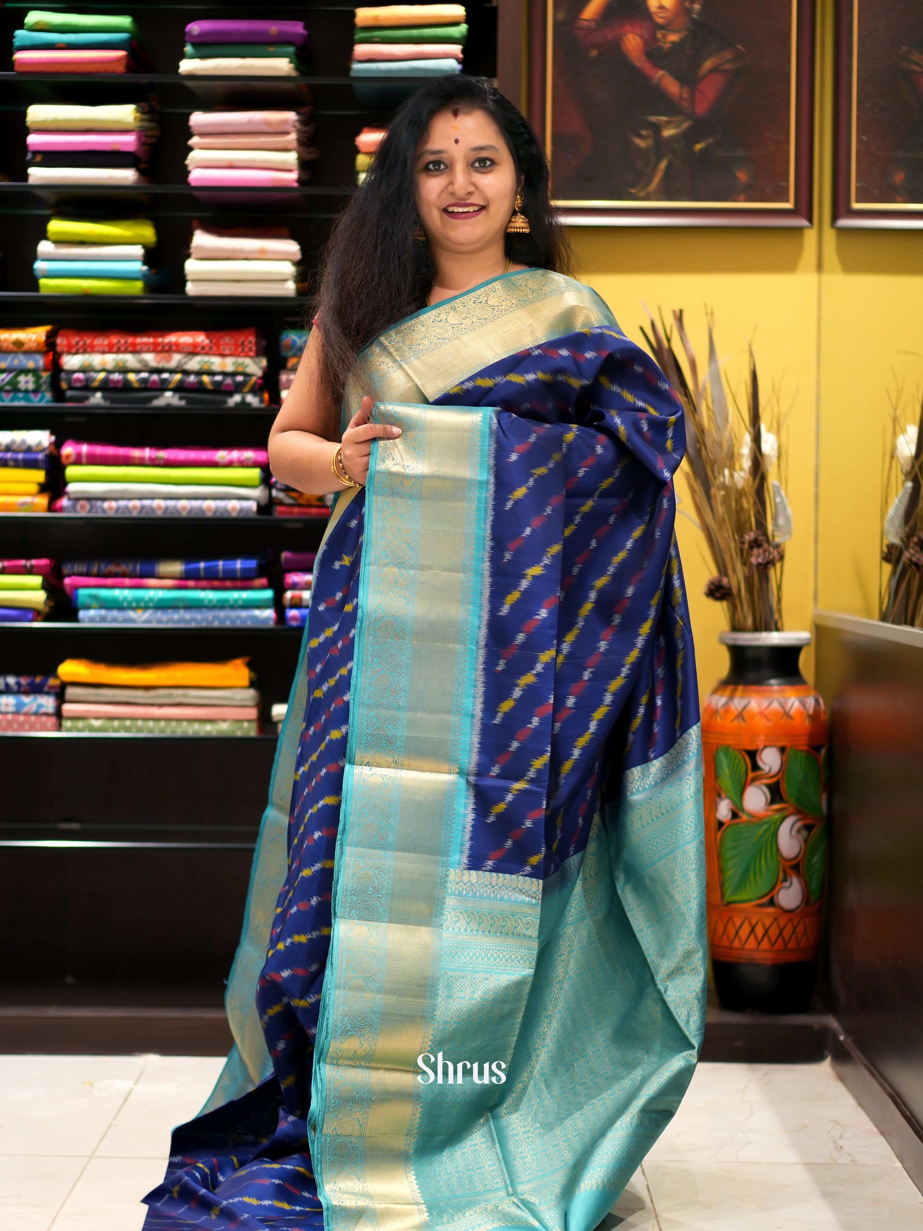 Blue & Teal - Kanchi Border Soft Silk Saree - Shop on ShrusEternity.com