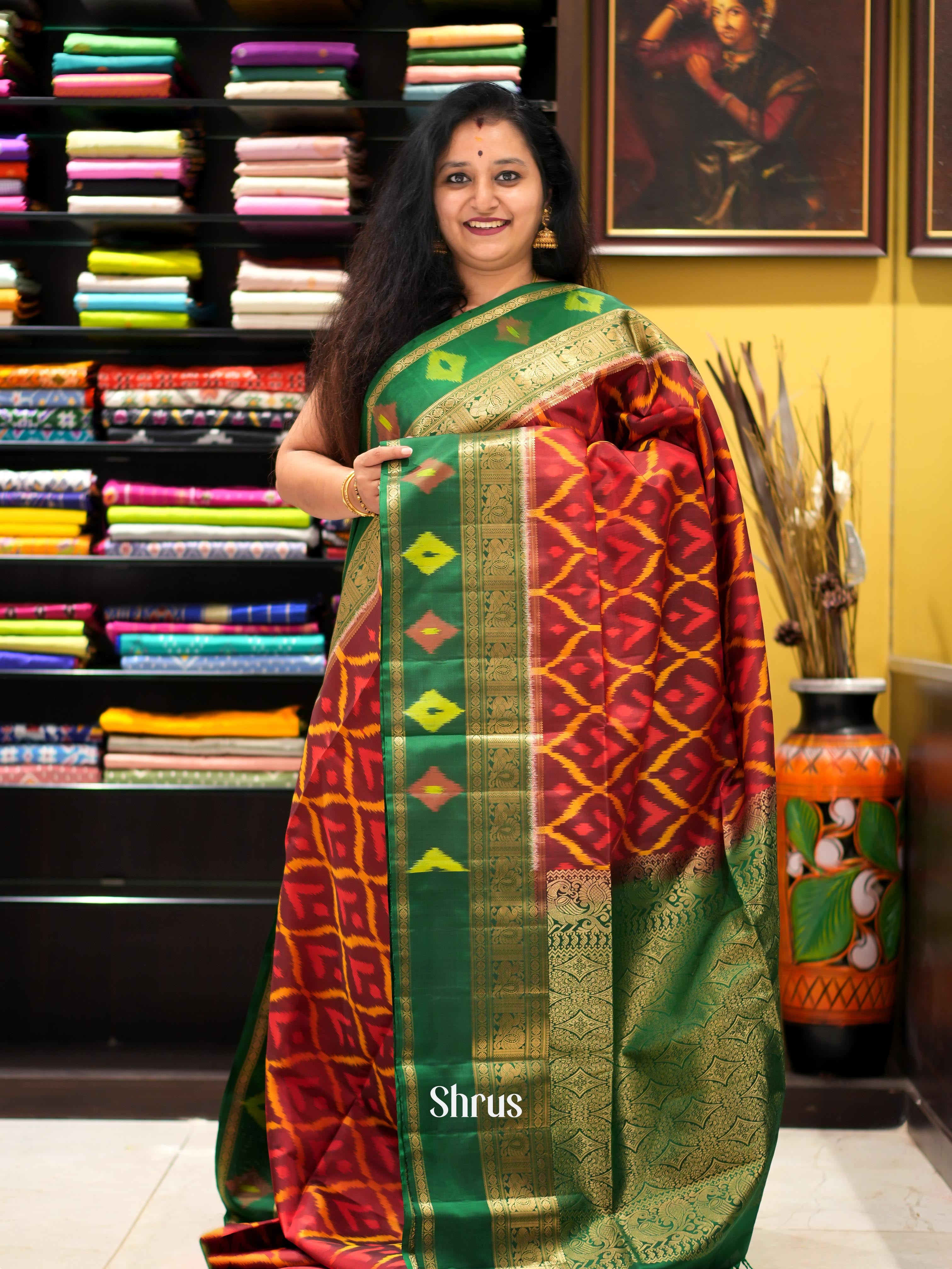 Maroon & Green - Soft Silk Saree - Shop on ShrusEternity.com