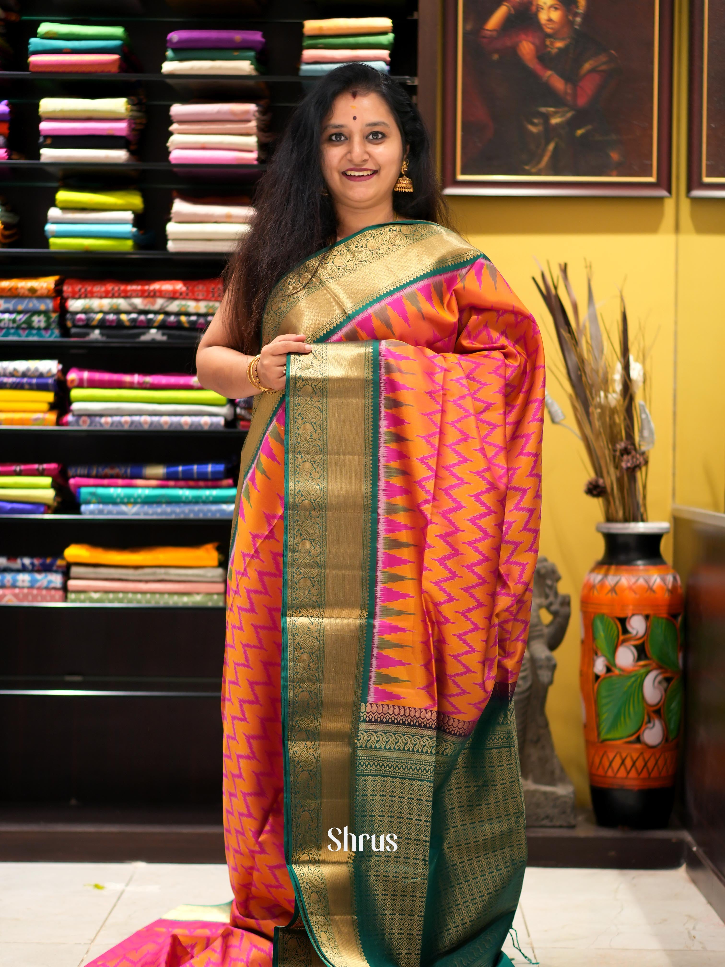 Orange & Green - Soft Silk Saree - Shop on ShrusEternity.com