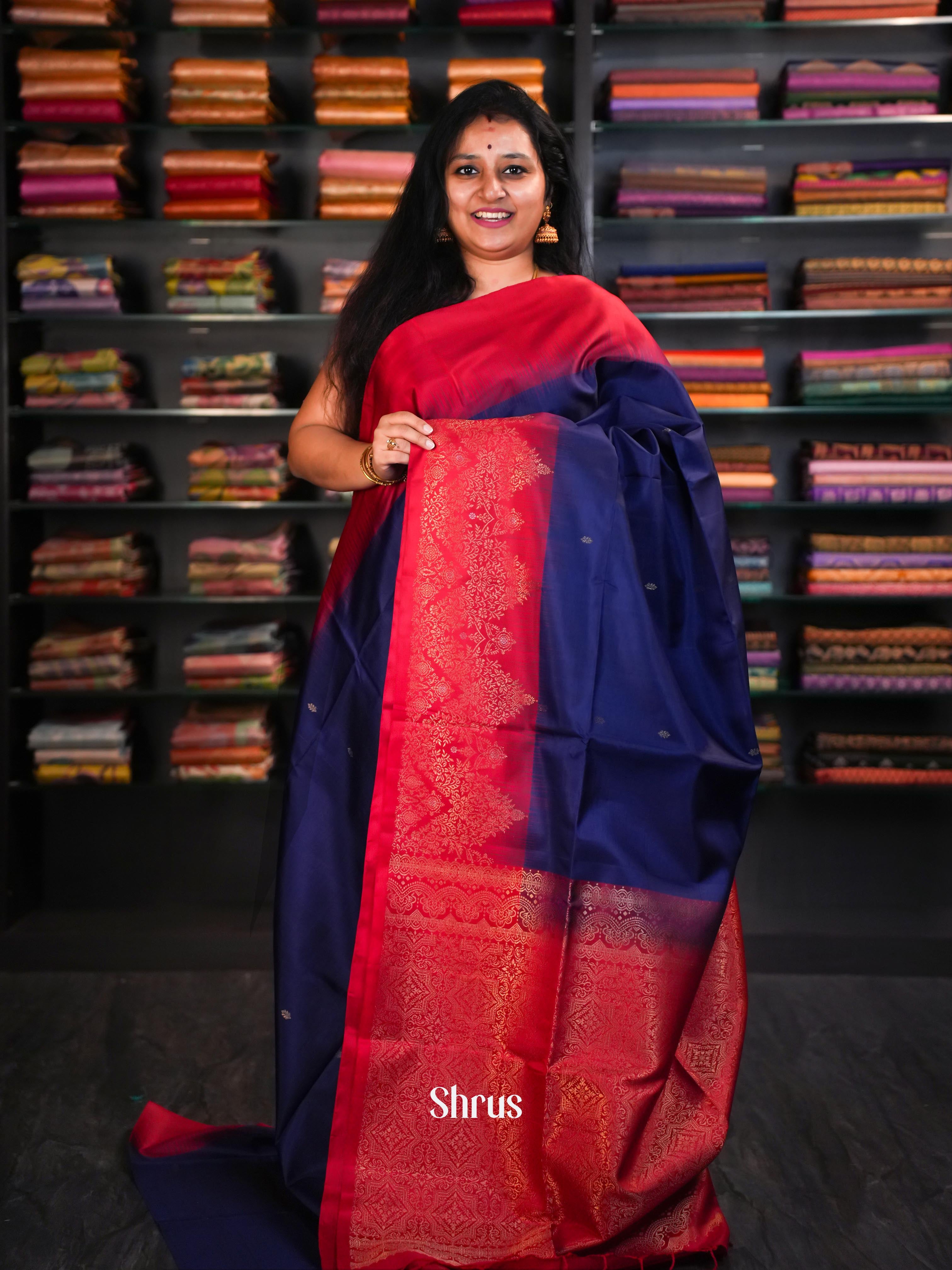 Red & Indigo - Soft Silk Saree - Shop on ShrusEternity.com