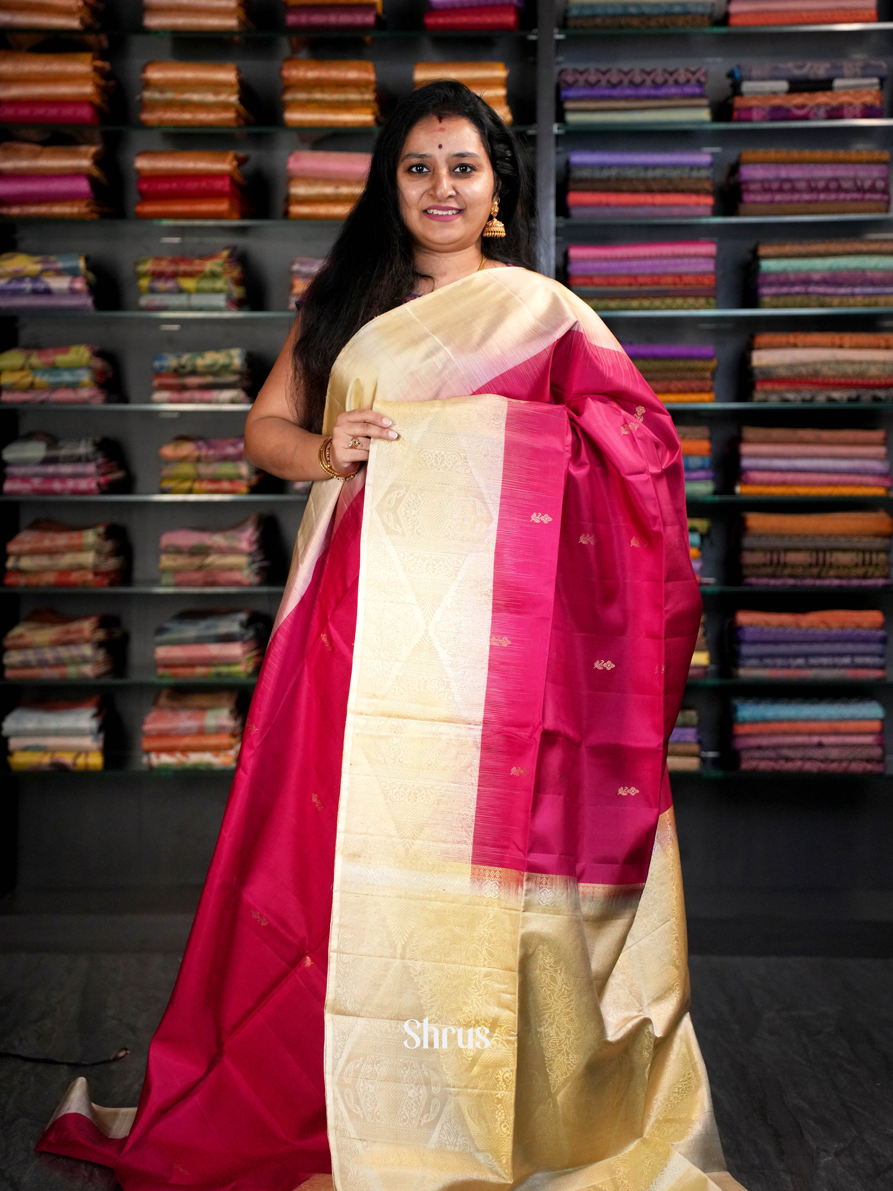 Cream & Rosy Red - Soft Silk Saree - Shop on ShrusEternity.com