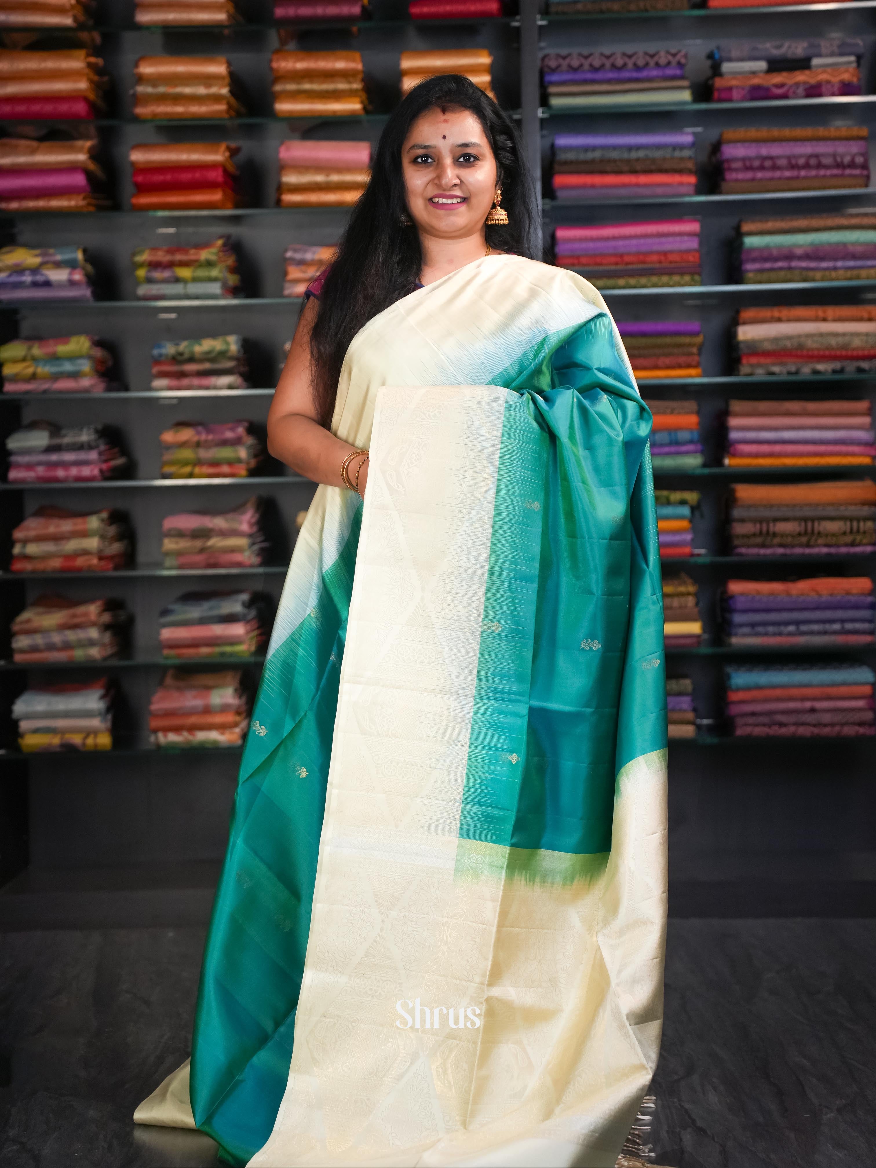 Cream & Teal - Soft Silk Saree - Shop on ShrusEternity.com