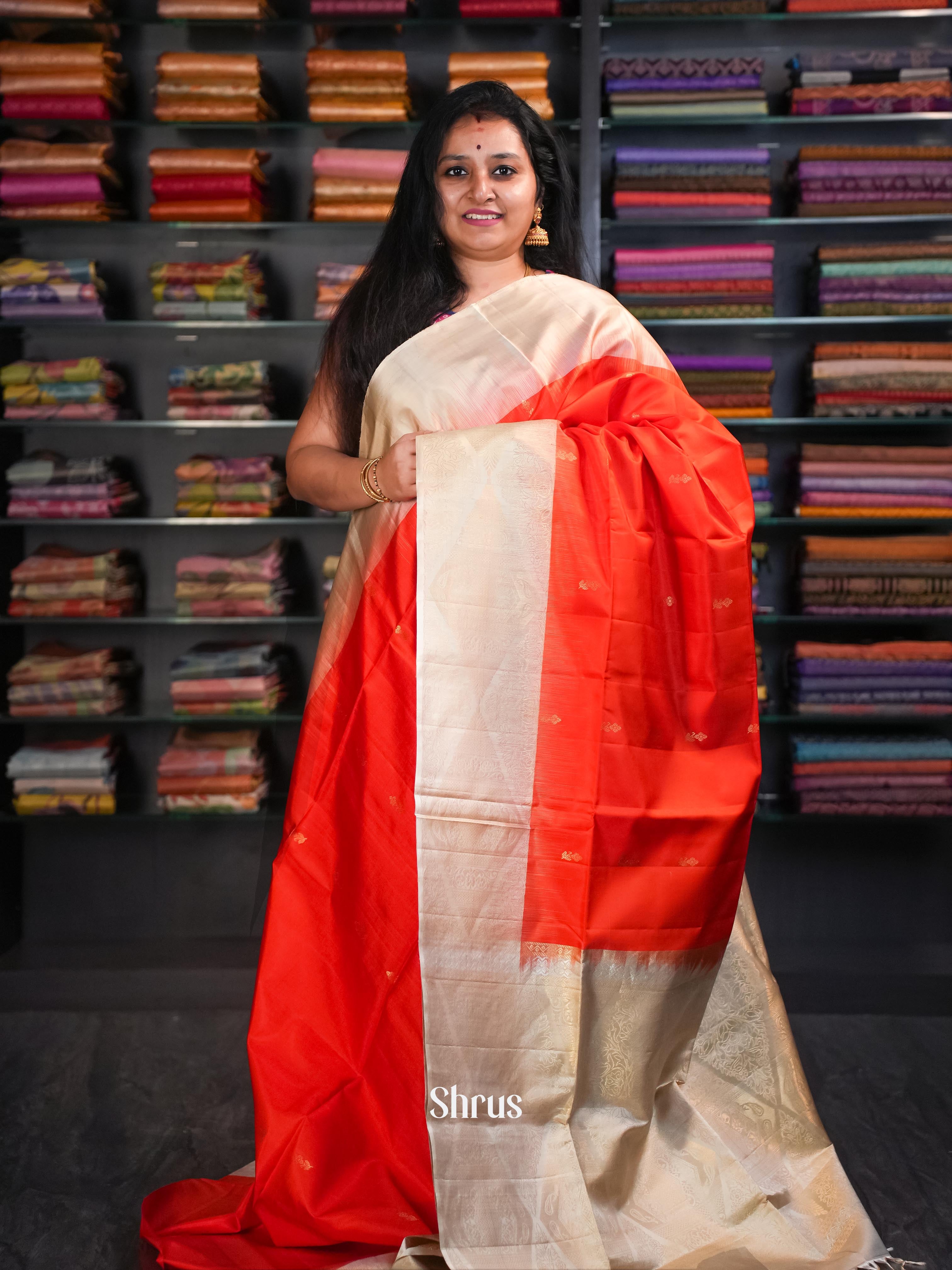 Red & Cream - Soft Silk Saree - Shop on ShrusEternity.com