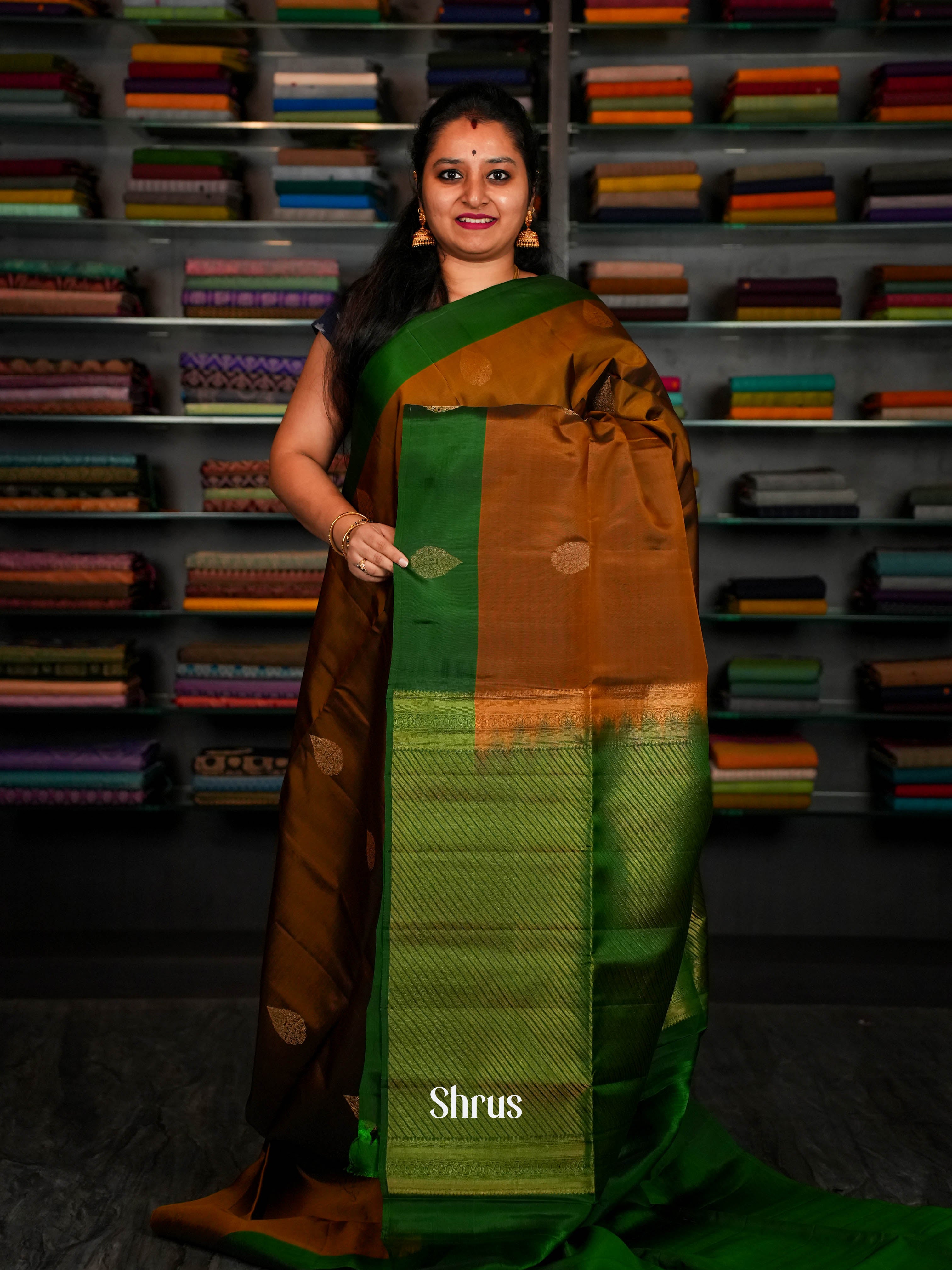 Green & Chocolate Brown - Softsilk-halfpure Saree - Shop on ShrusEternity.com