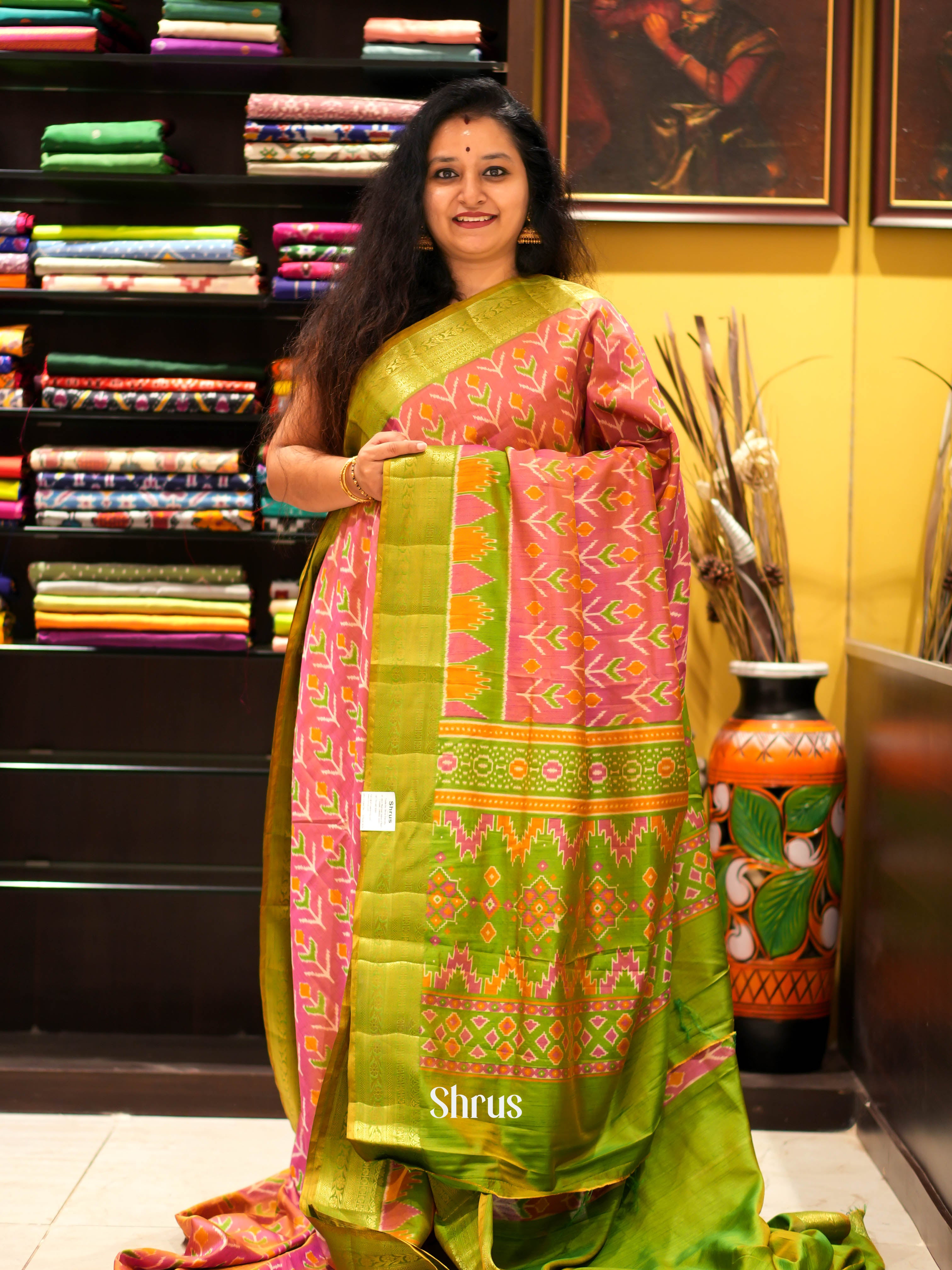 Orangish Pink & Green - Semi patola Saree - Shop on ShrusEternity.com