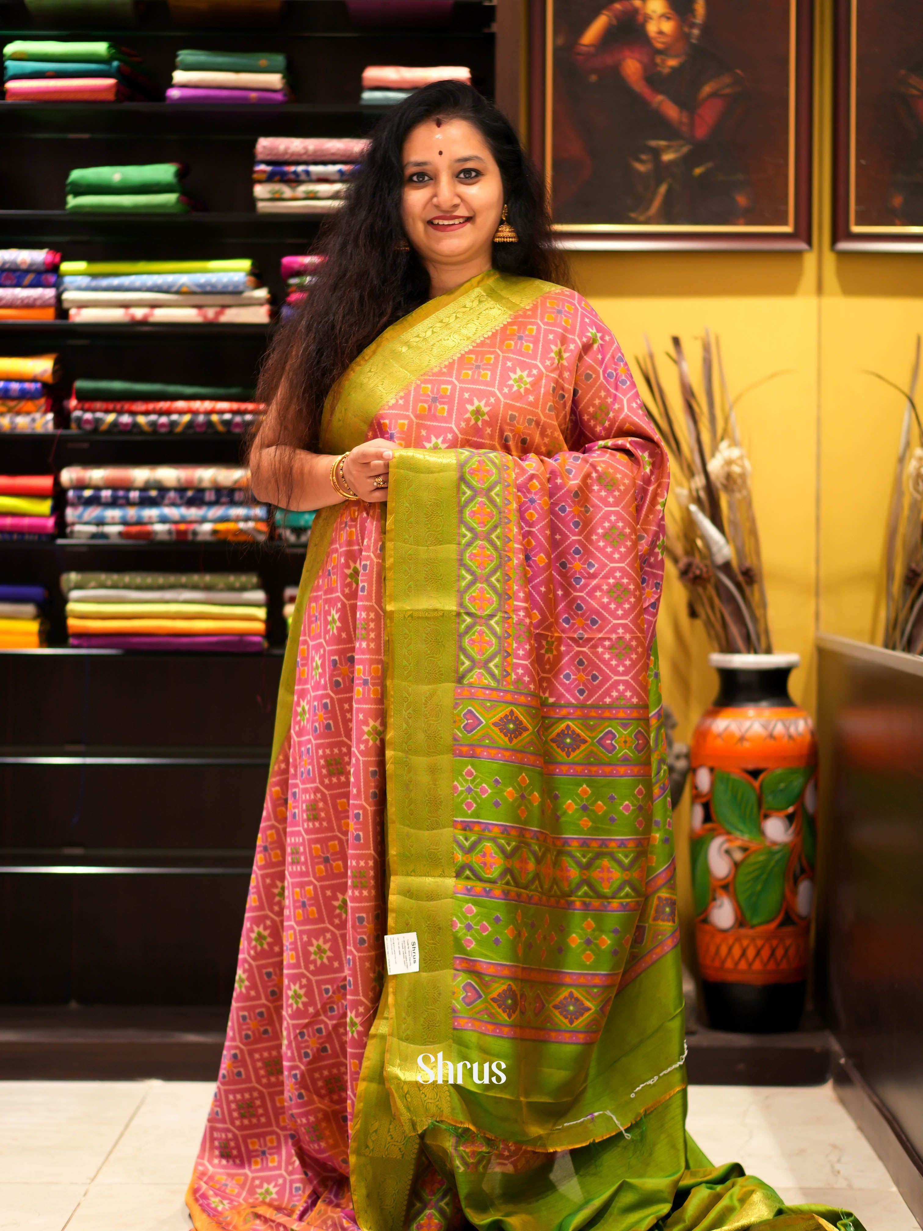 Pink & Green - Semi patola Saree - Shop on ShrusEternity.com