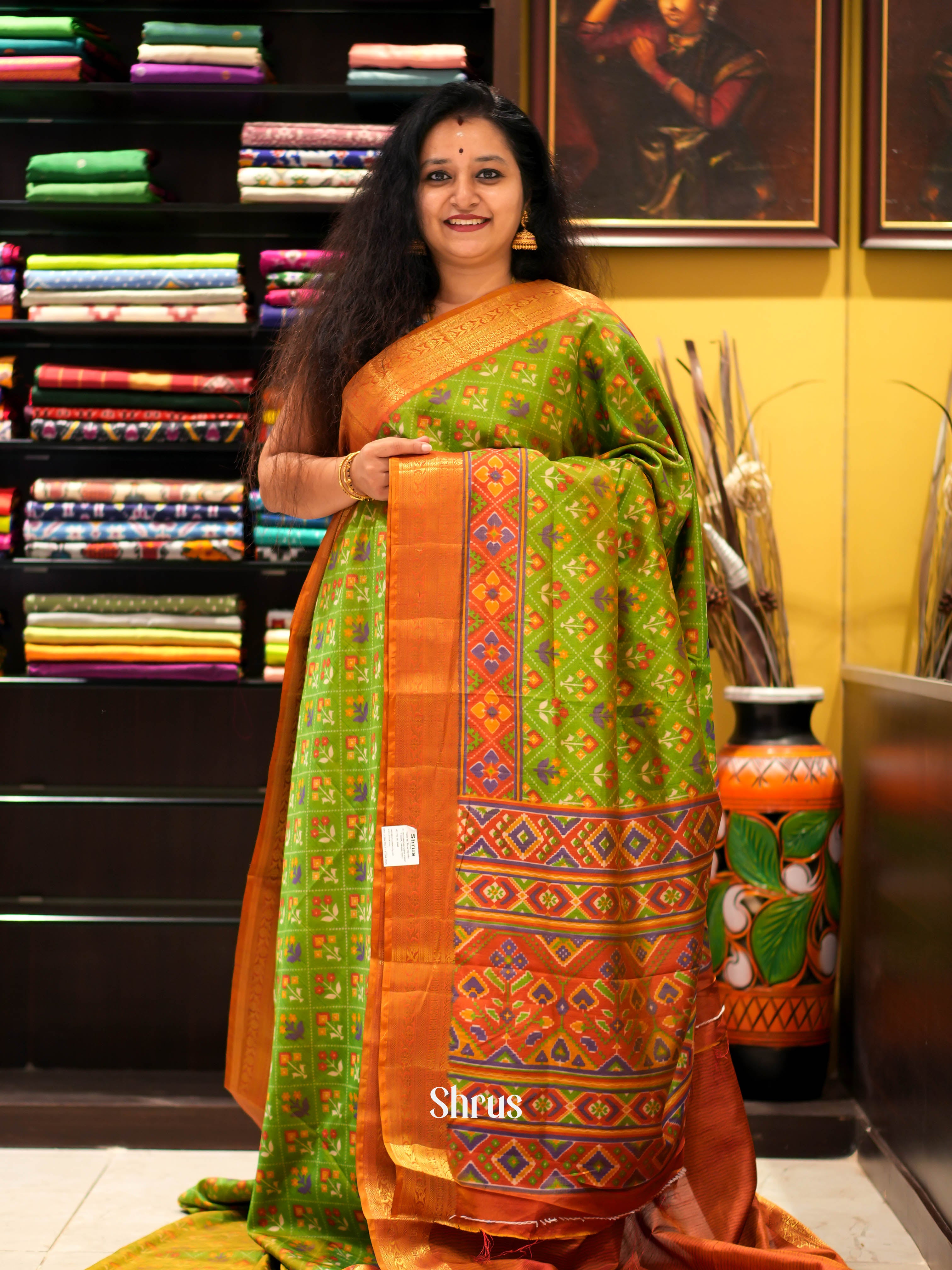 Green & Orange - Semi patola Saree - Shop on ShrusEternity.com