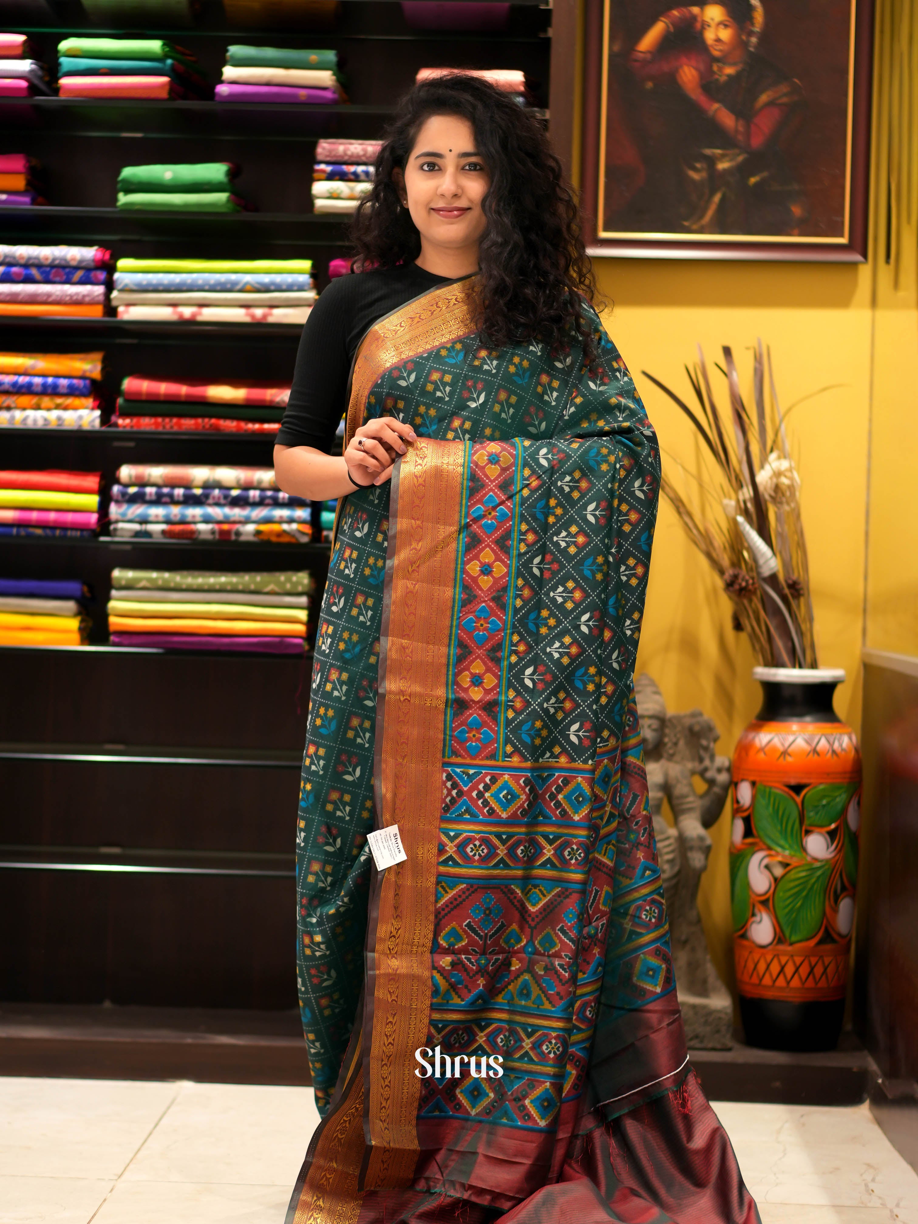 Green & Brown- Semi patola Saree - Shop on ShrusEternity.com