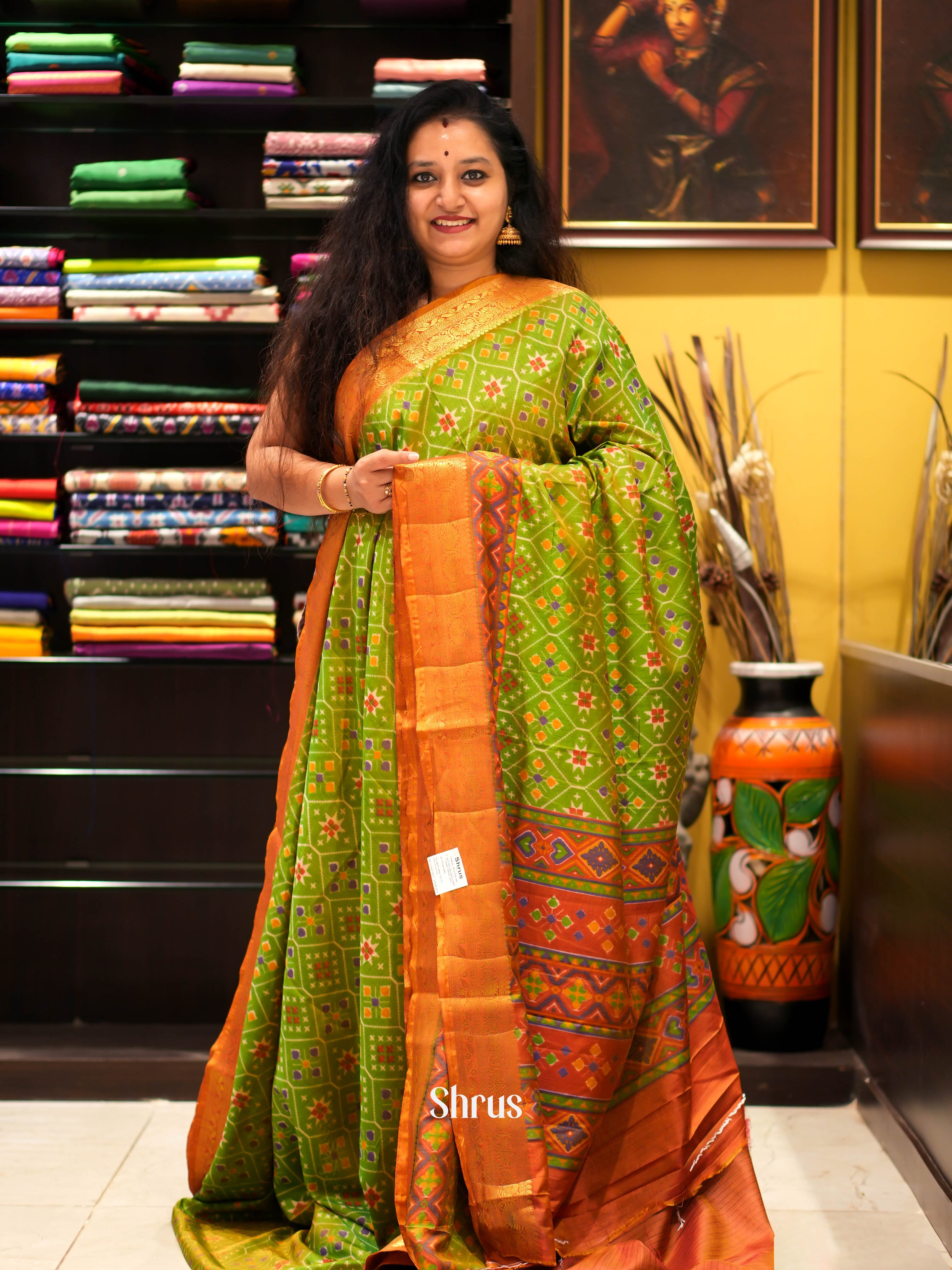 Green & Orange - Semi patola Saree - Shop on ShrusEternity.com