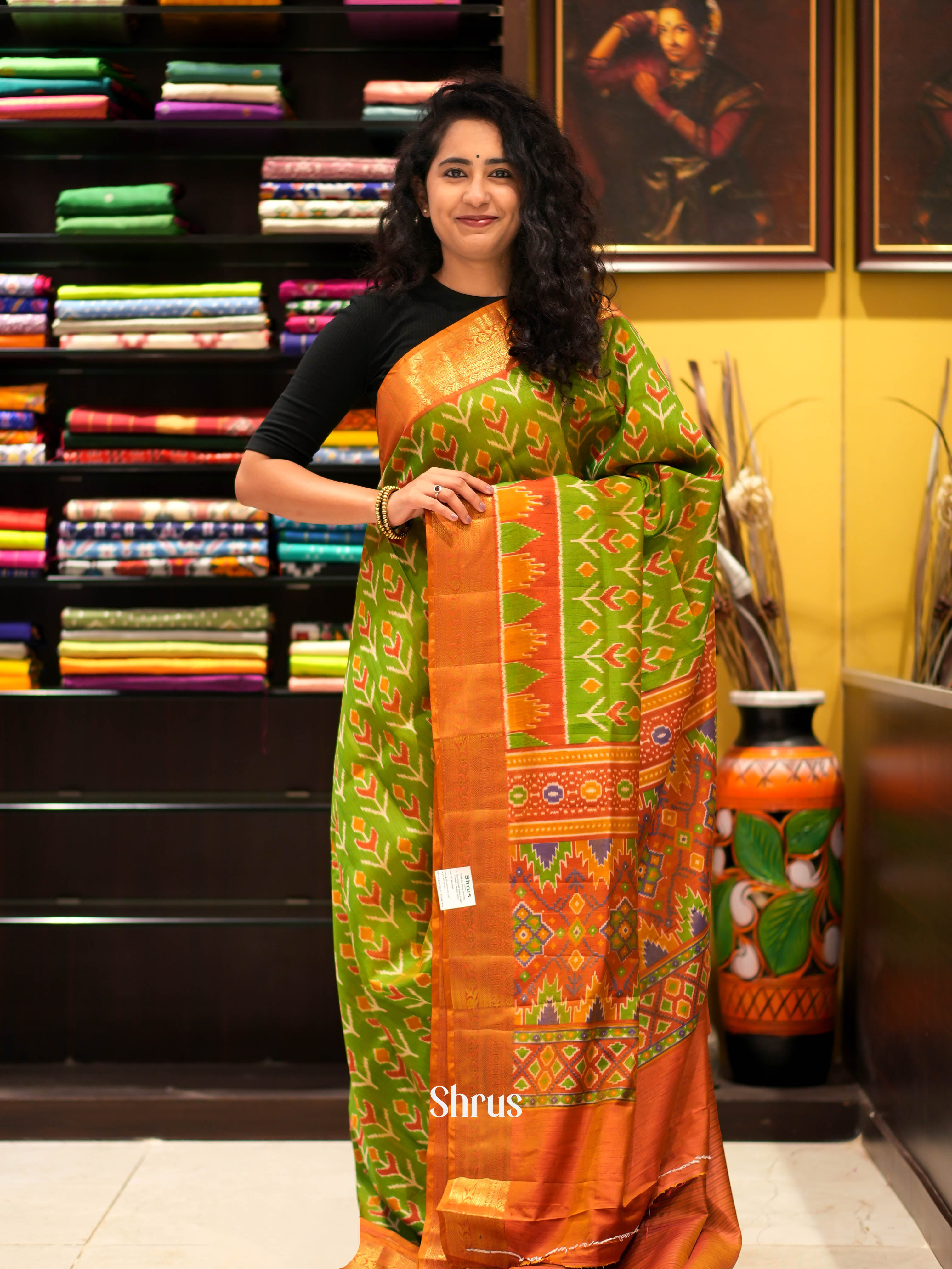 Green & Orange - Semi patola Saree - Shop on ShrusEternity.com
