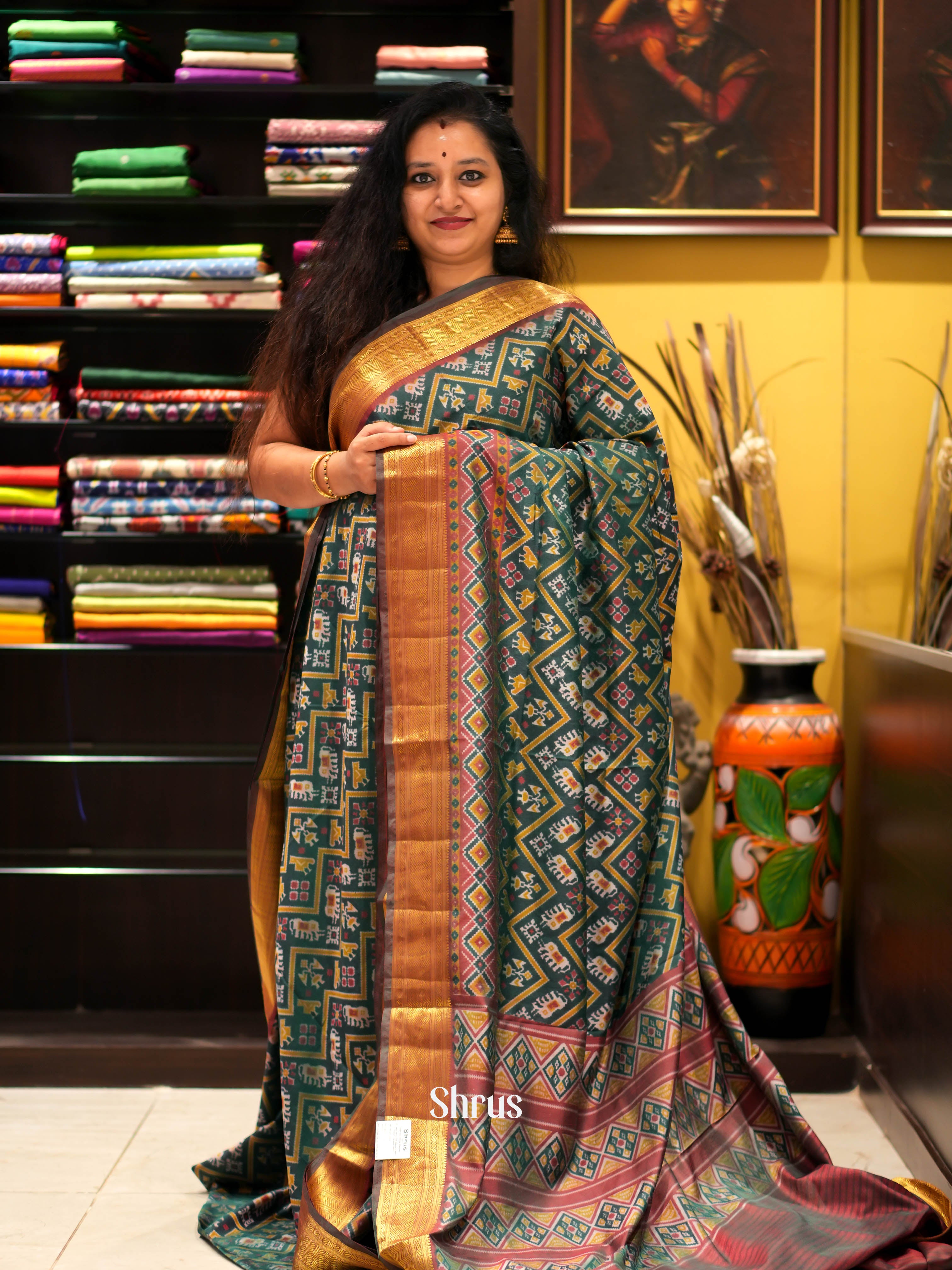 Green & Brown - Semi patola Saree - Shop on ShrusEternity.com