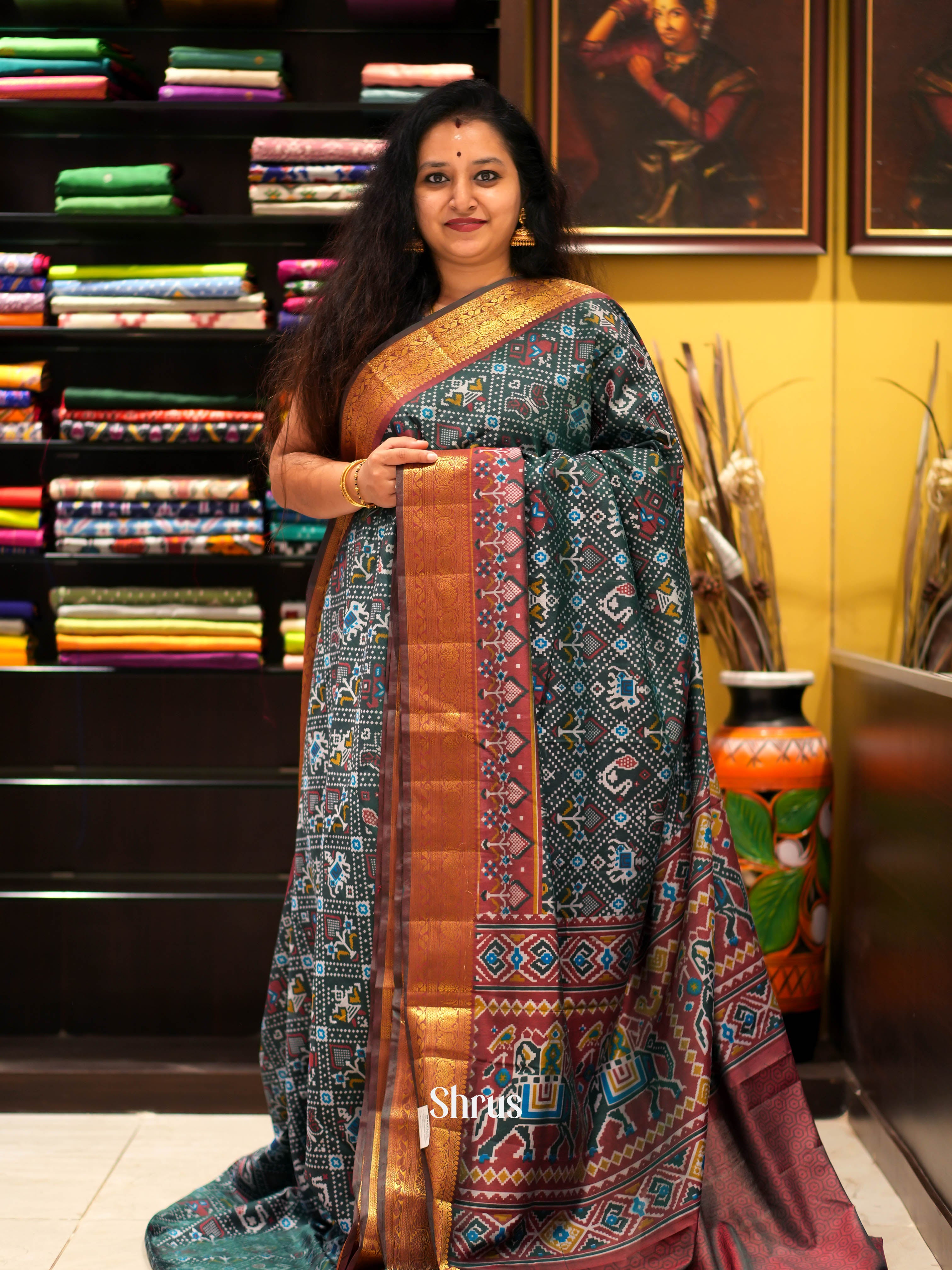 Green & Brown - Semi patola Saree - Shop on ShrusEternity.com
