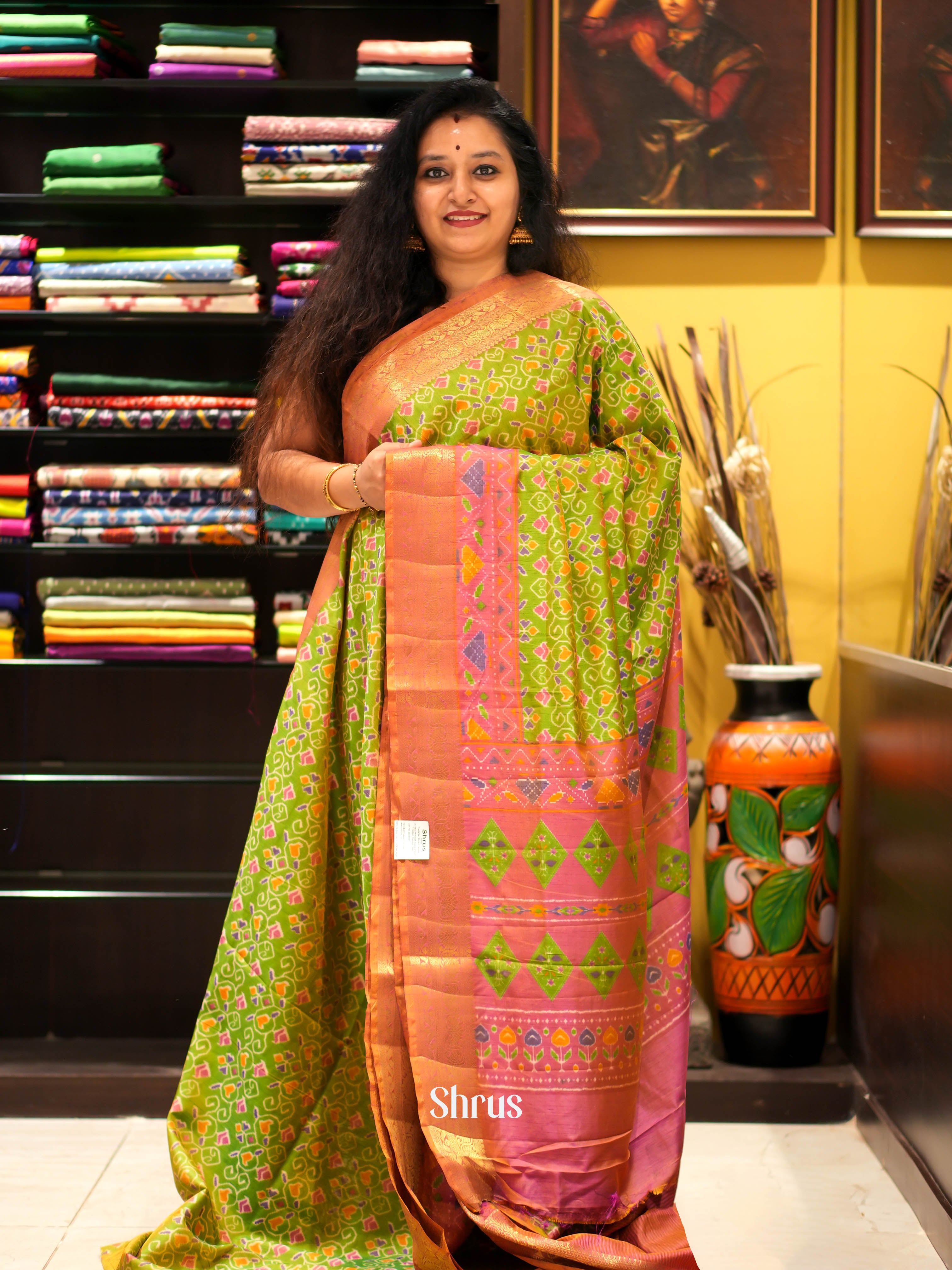 Green & Pink- Semi patola Saree - Shop on ShrusEternity.com