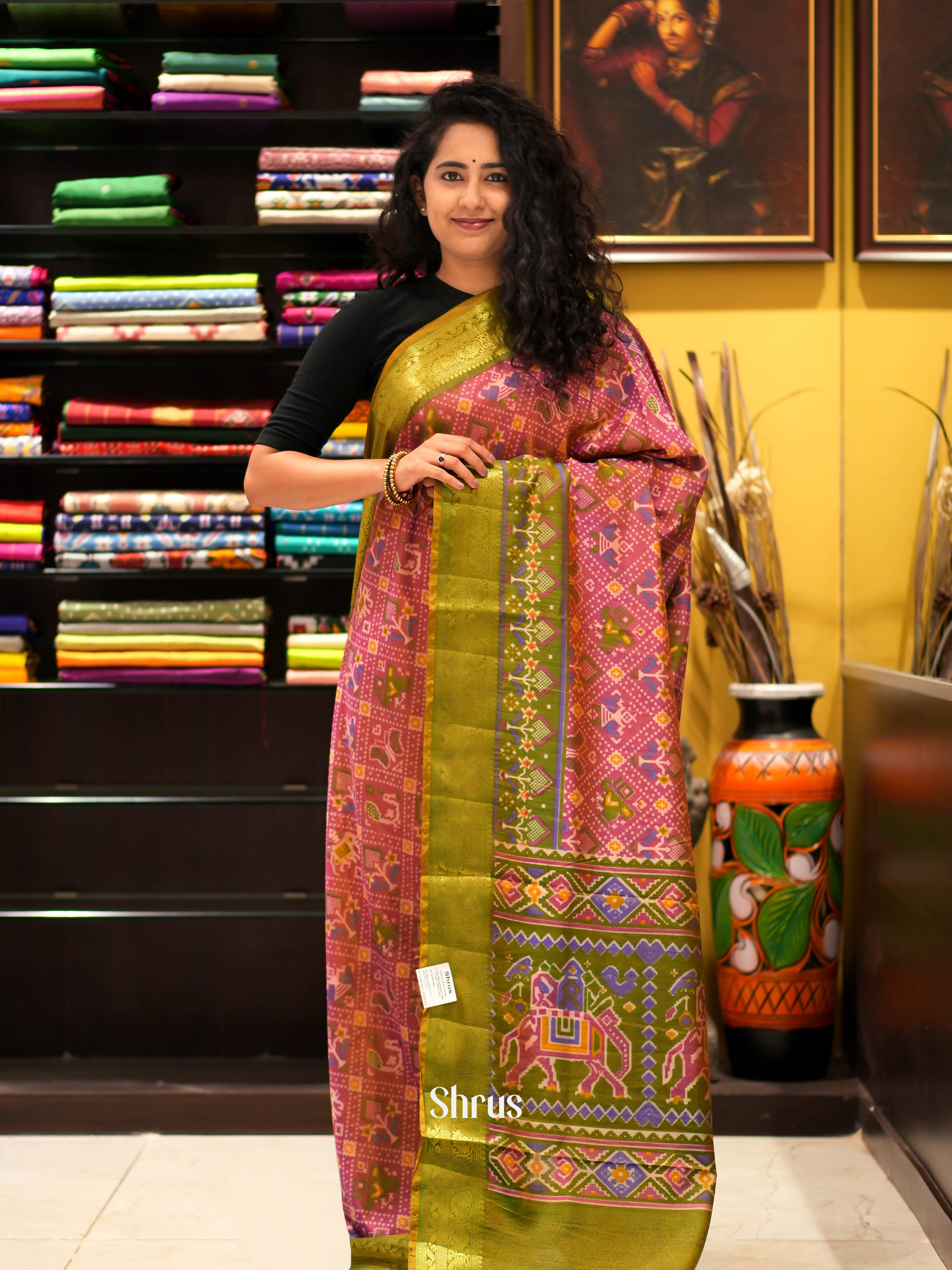 Pink & Green- Semi patola Saree - Shop on ShrusEternity.com