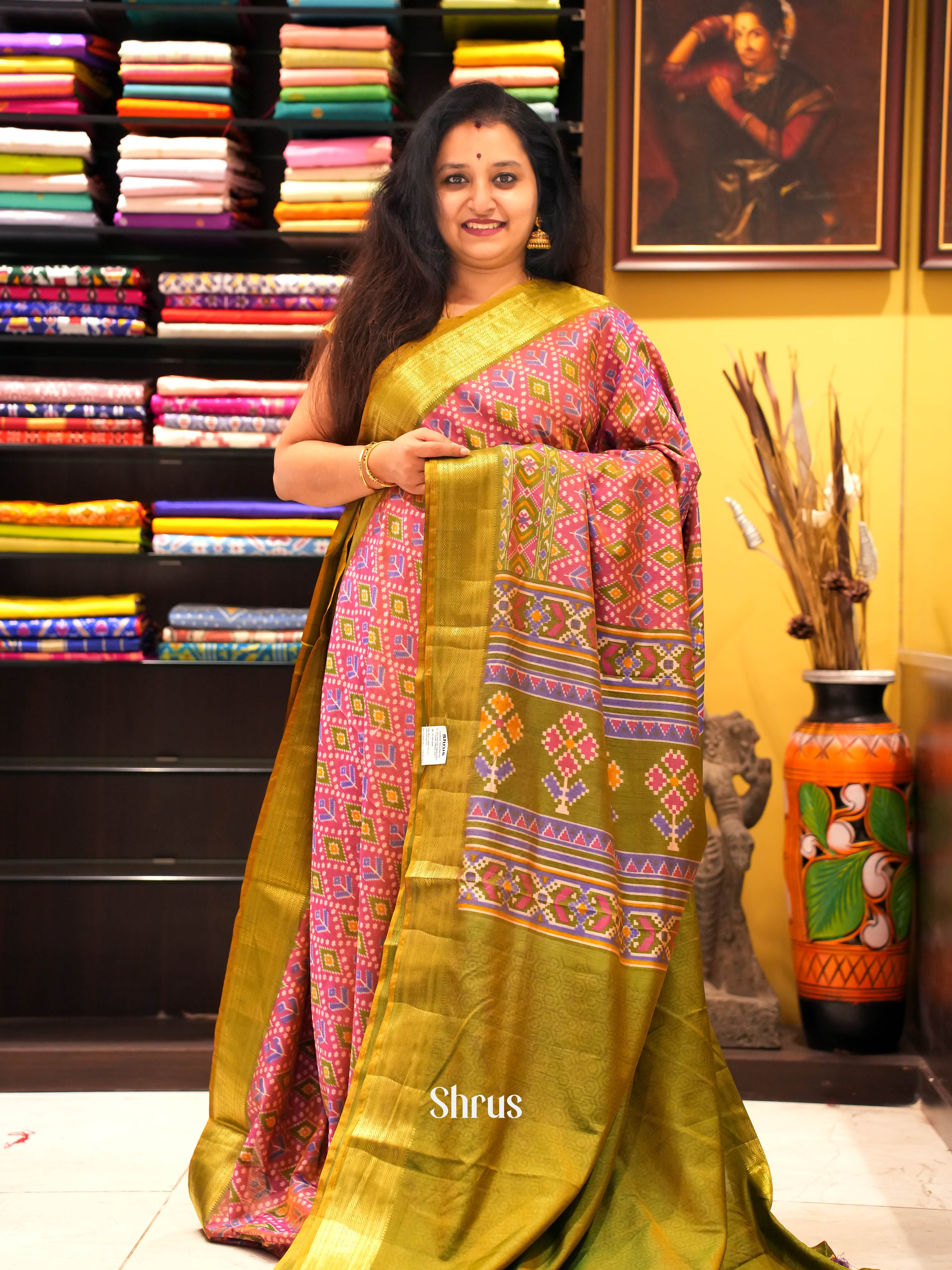 Pink & Green - Semi Patola Saree - Shop on ShrusEternity.com