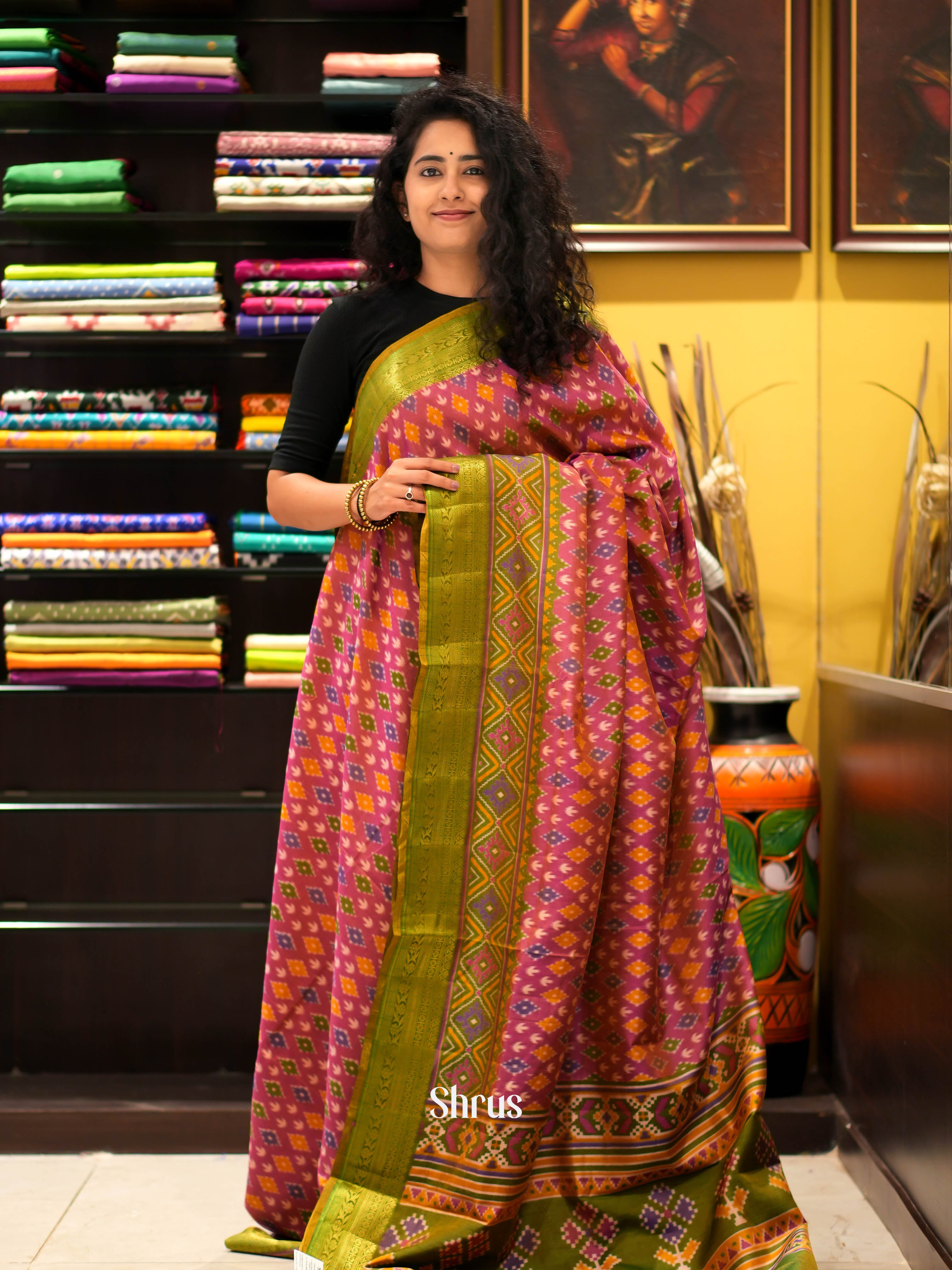 Pink & Green - Semi patola Saree - Shop on ShrusEternity.com
