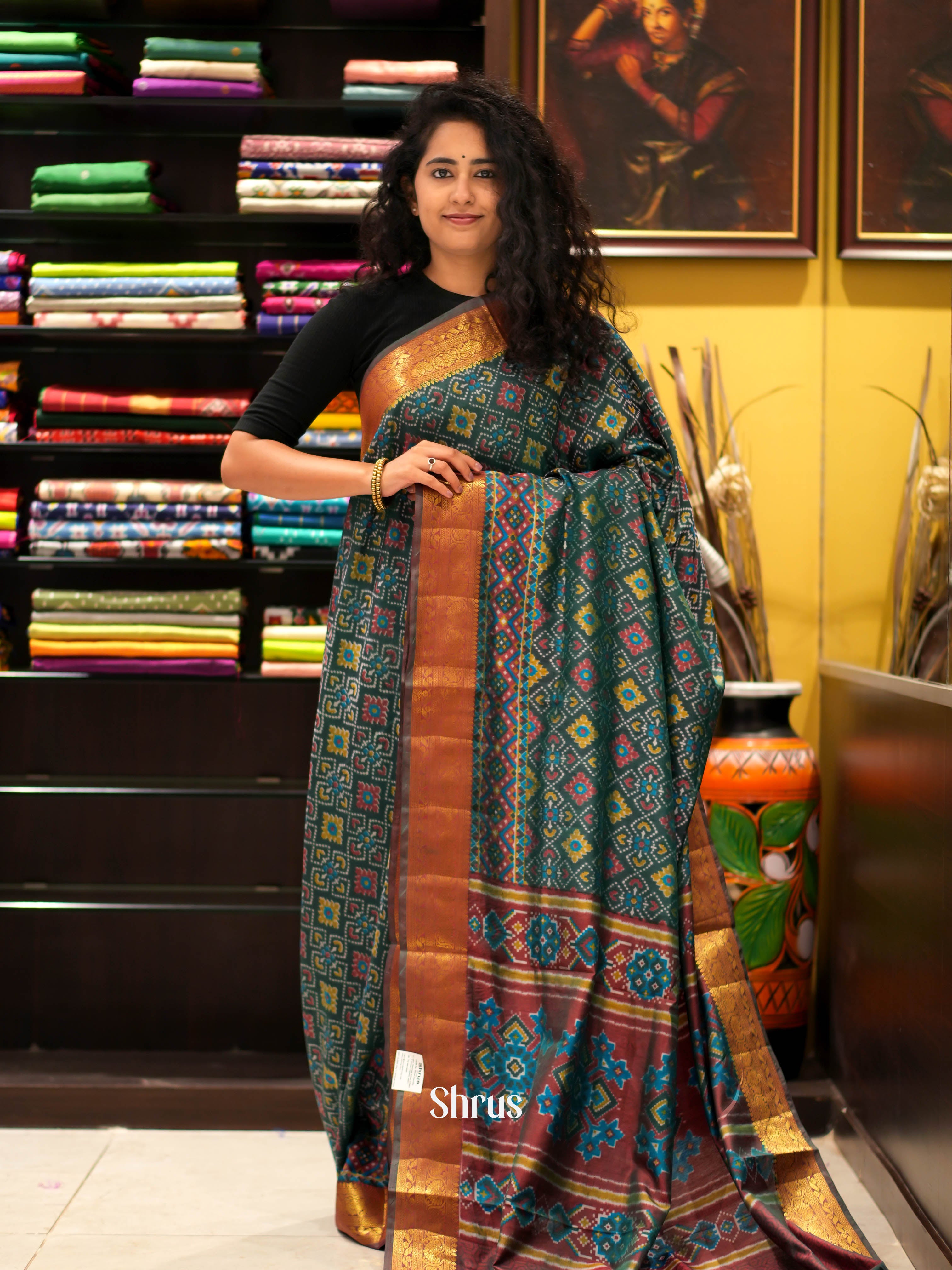 Green & Brown- Semi patola Saree - Shop on ShrusEternity.com