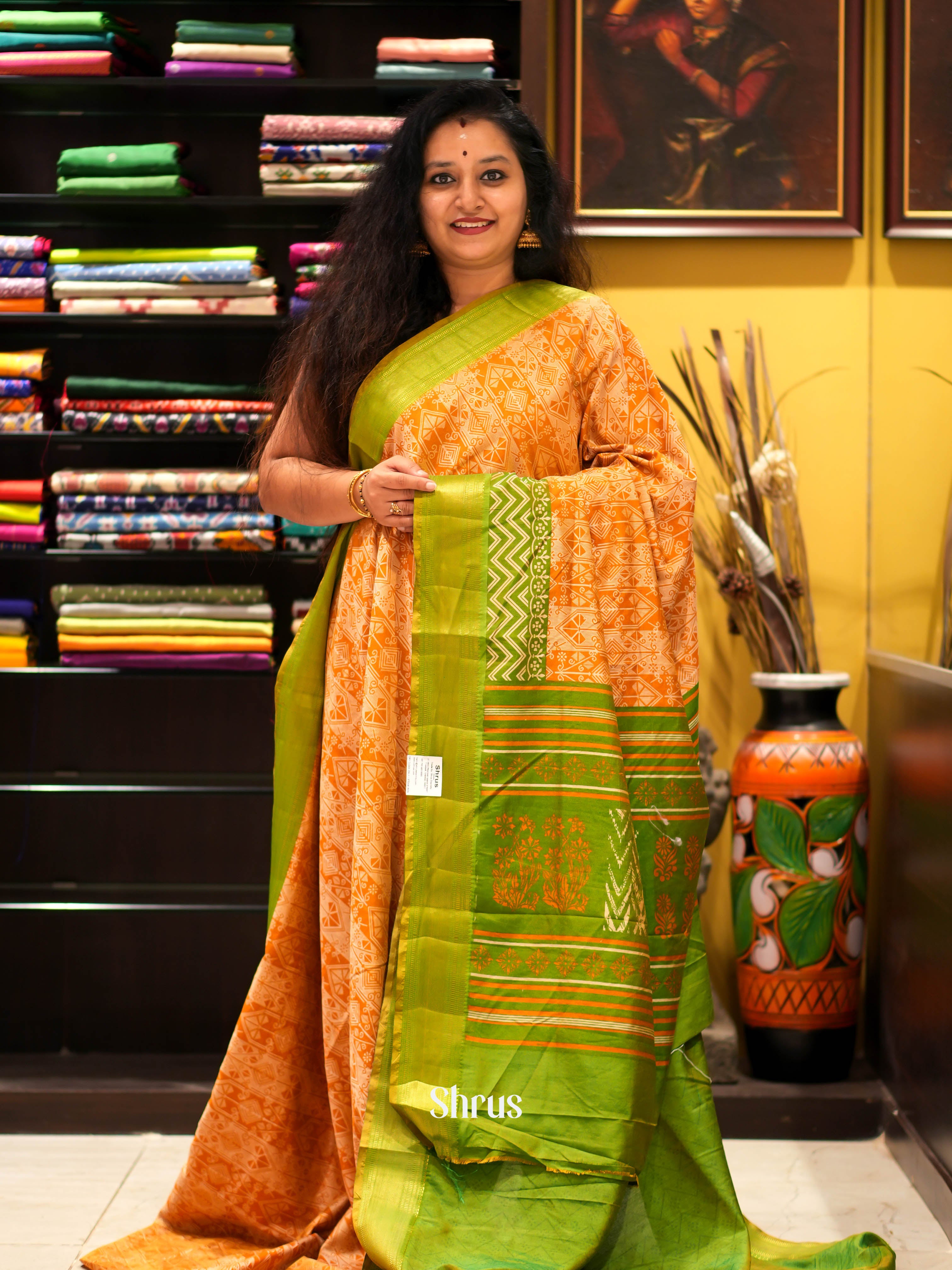 Orange & Green - Semi patola Saree - Shop on ShrusEternity.com