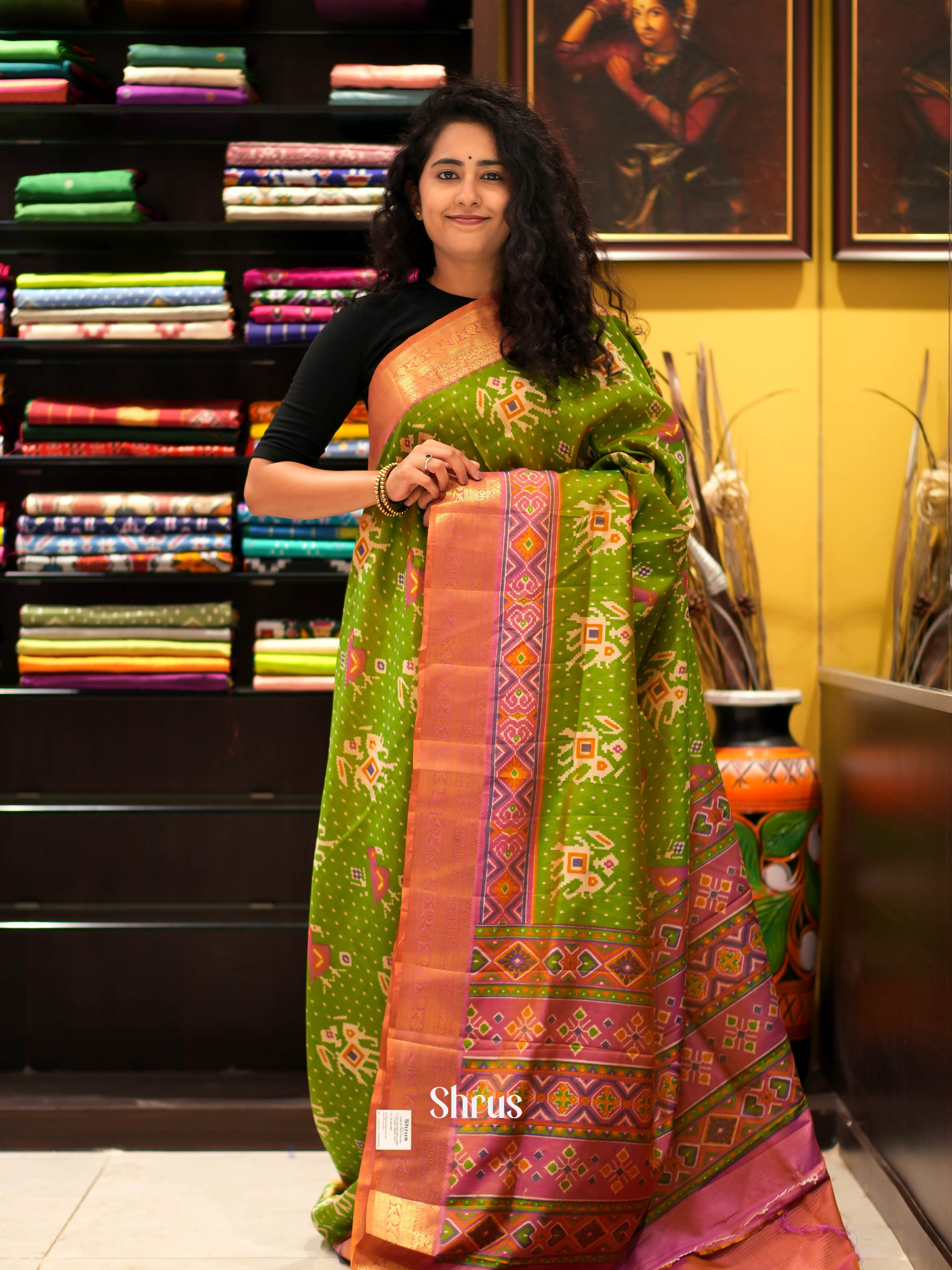 Green & Orange - Semi patola Saree - Shop on ShrusEternity.com