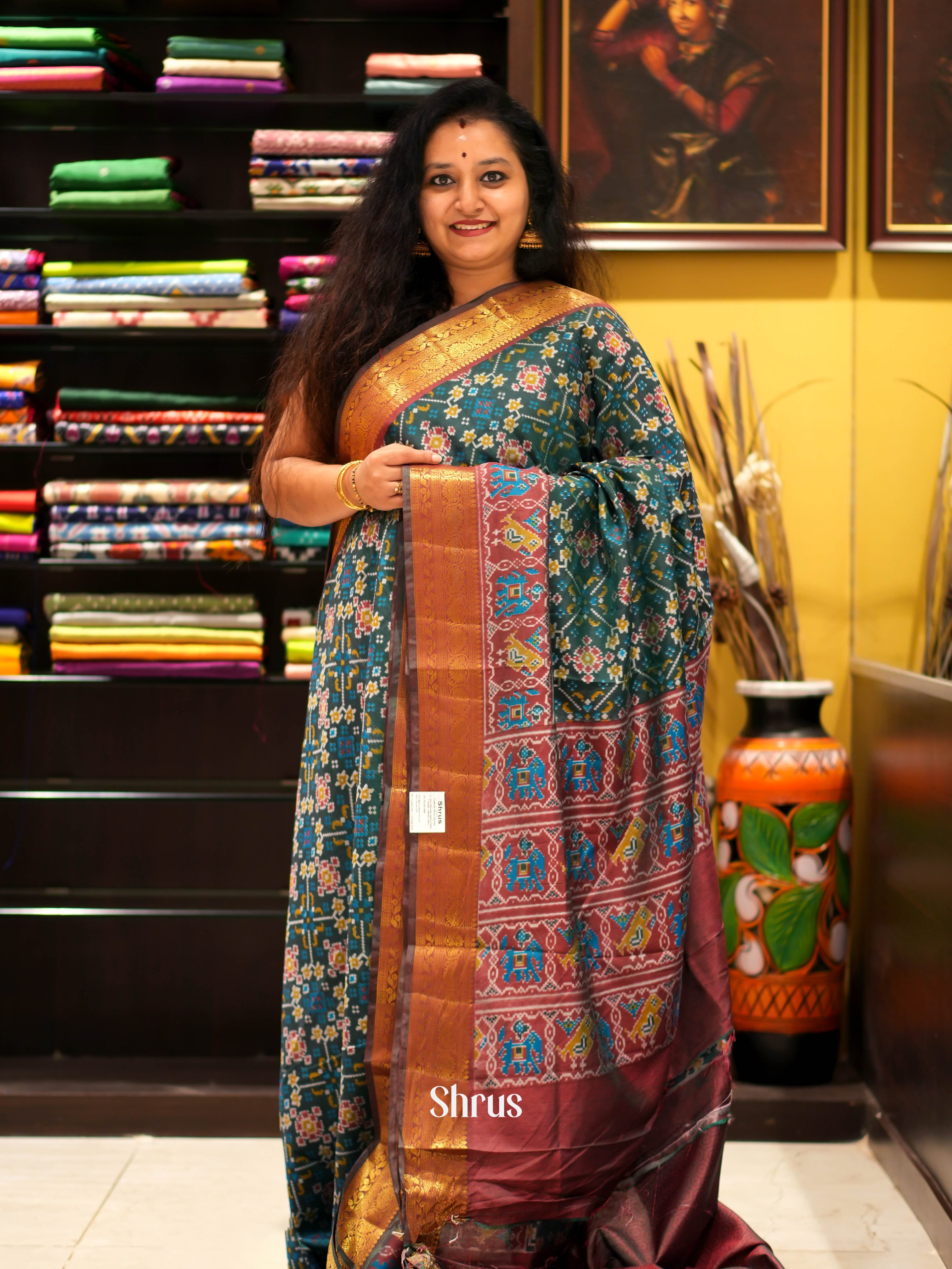 Green & Brown- Semi patola Saree - Shop on ShrusEternity.com