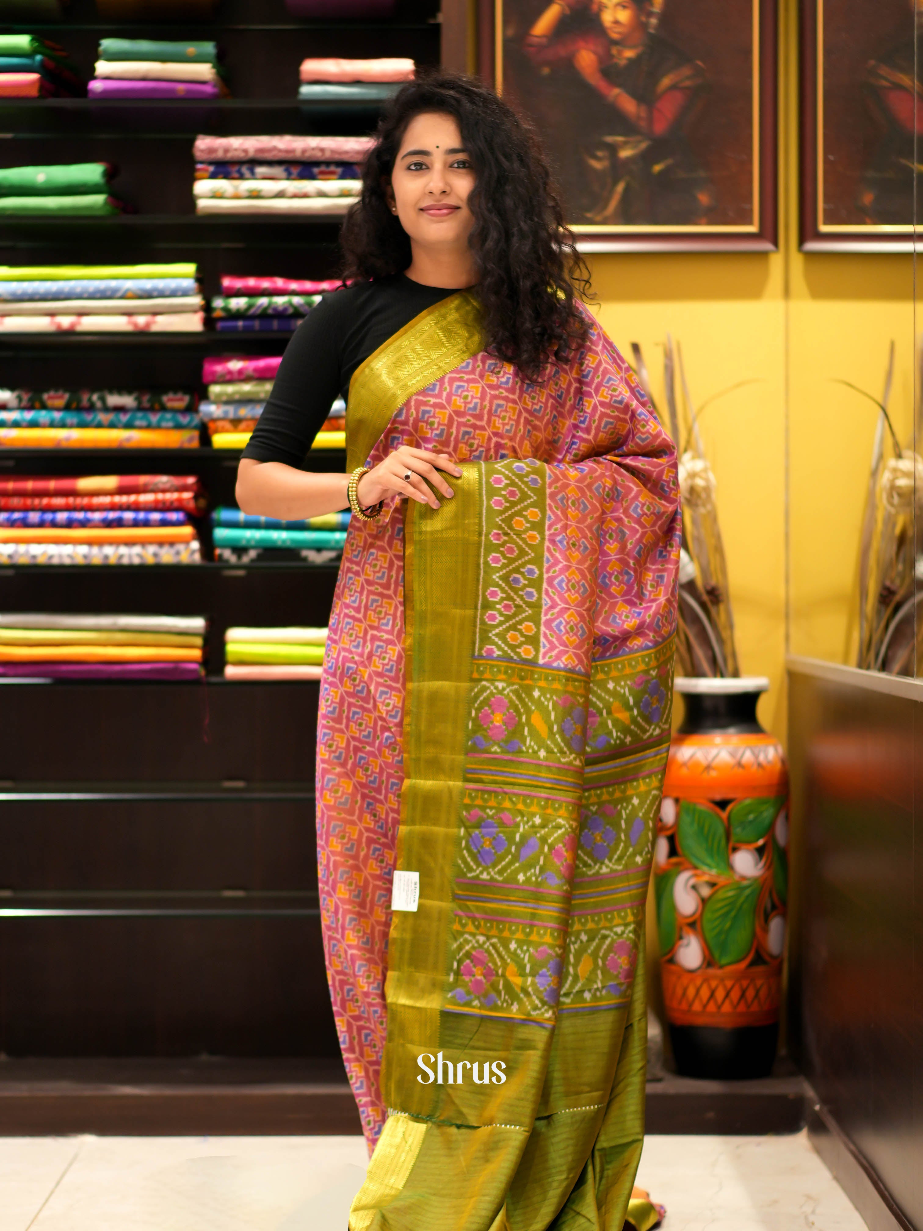 Pink & Green- Semi patola Saree - Shop on ShrusEternity.com