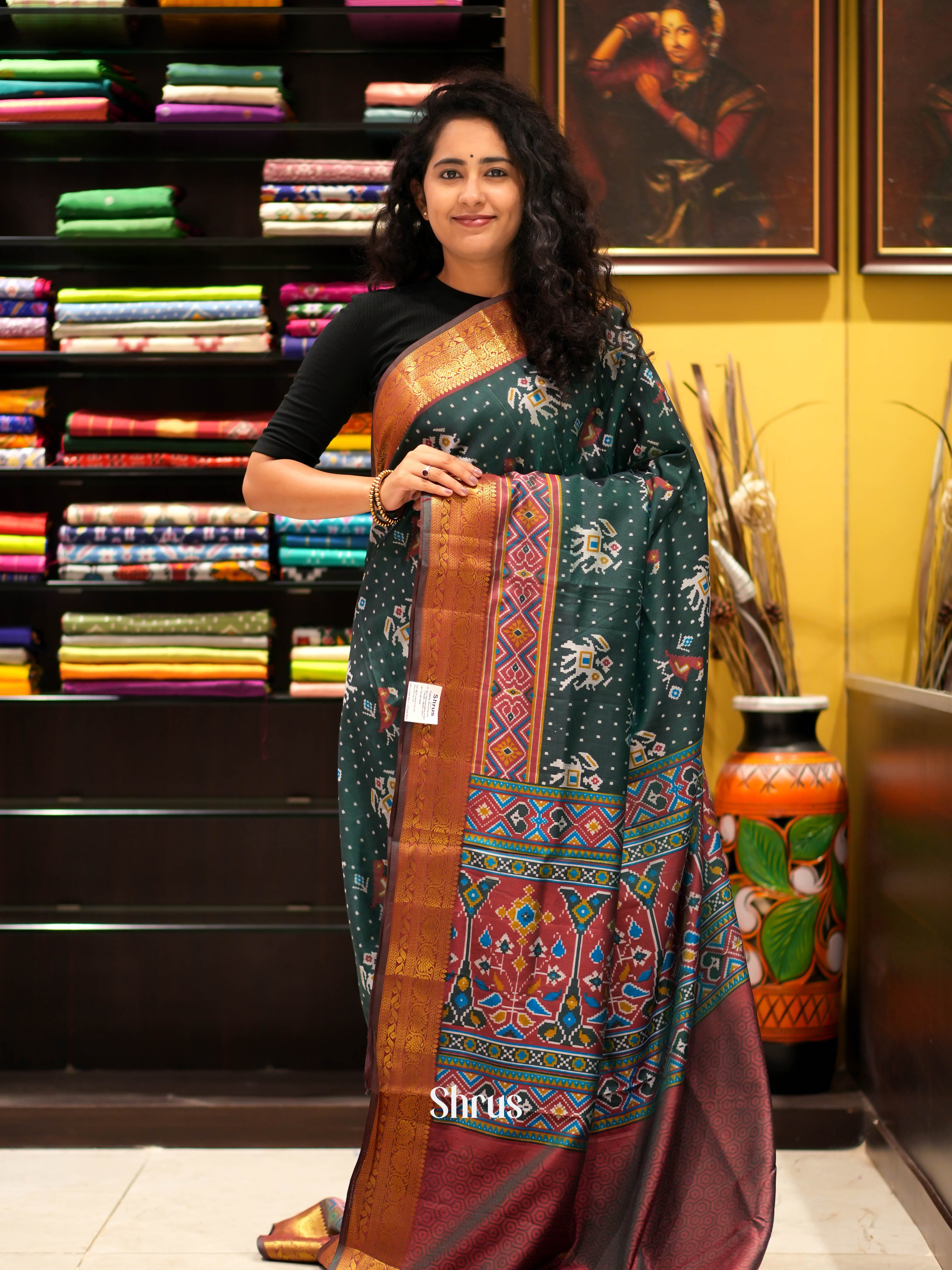 Green & Brown - Semi patola Saree - Shop on ShrusEternity.com