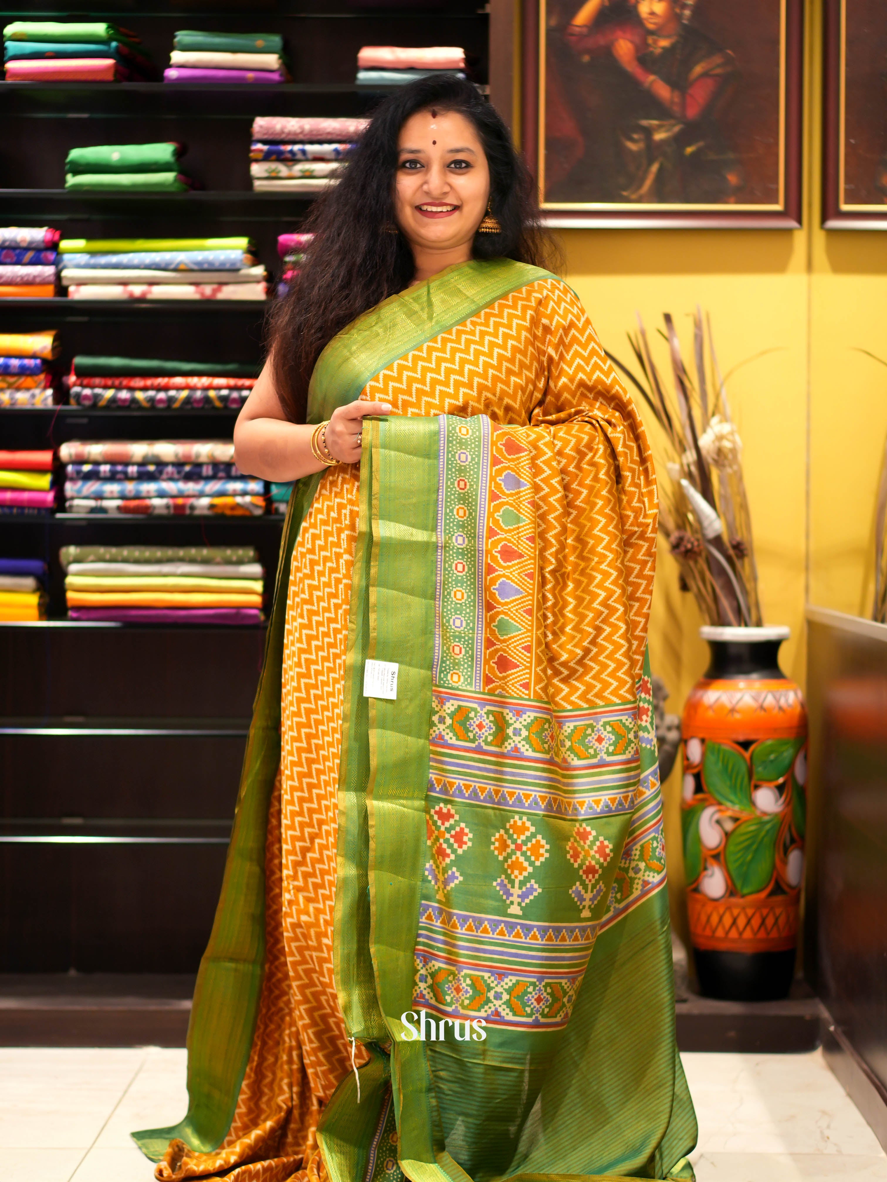 Orange & Green - Semi patola Saree - Shop on ShrusEternity.com