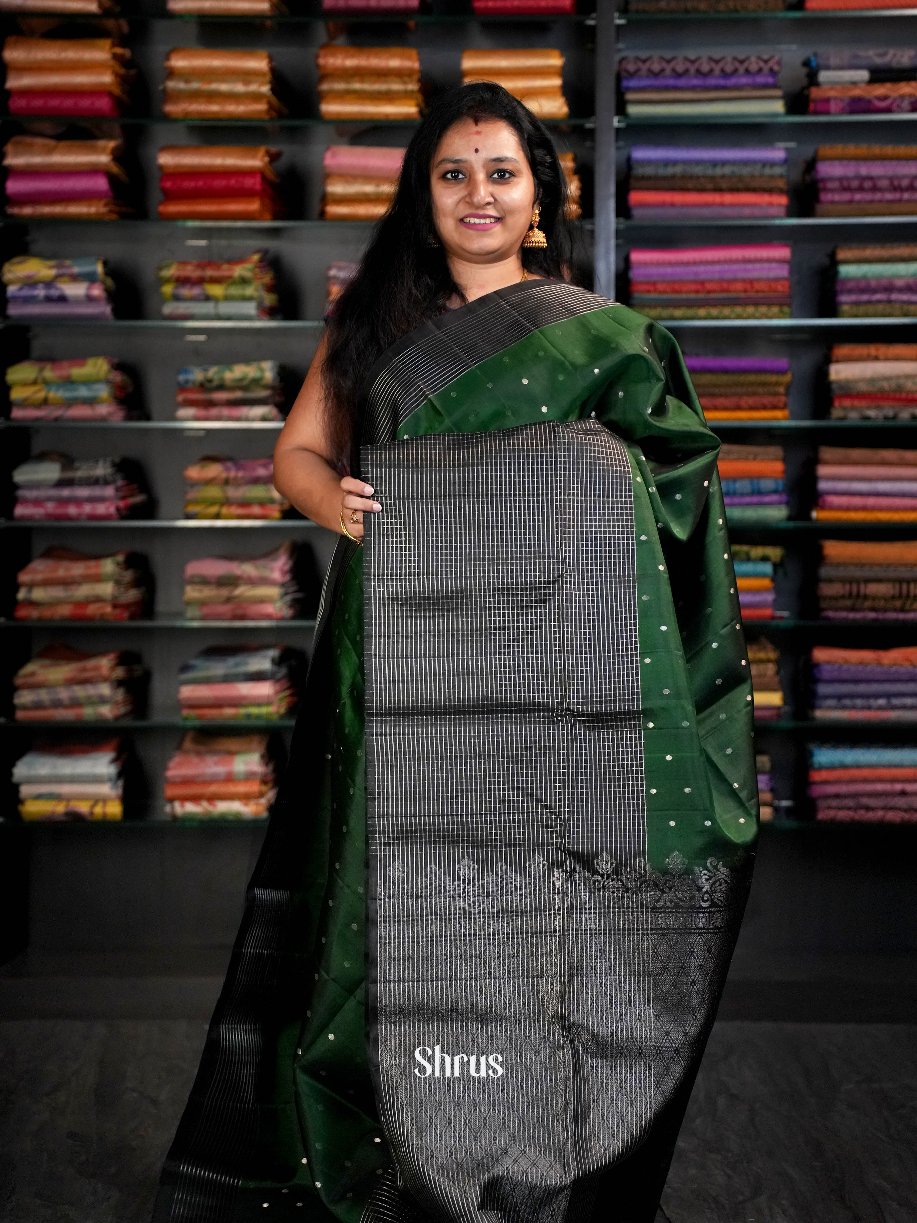 Bottle Green & Black - Soft Silk Saree - Shop on ShrusEternity.com
