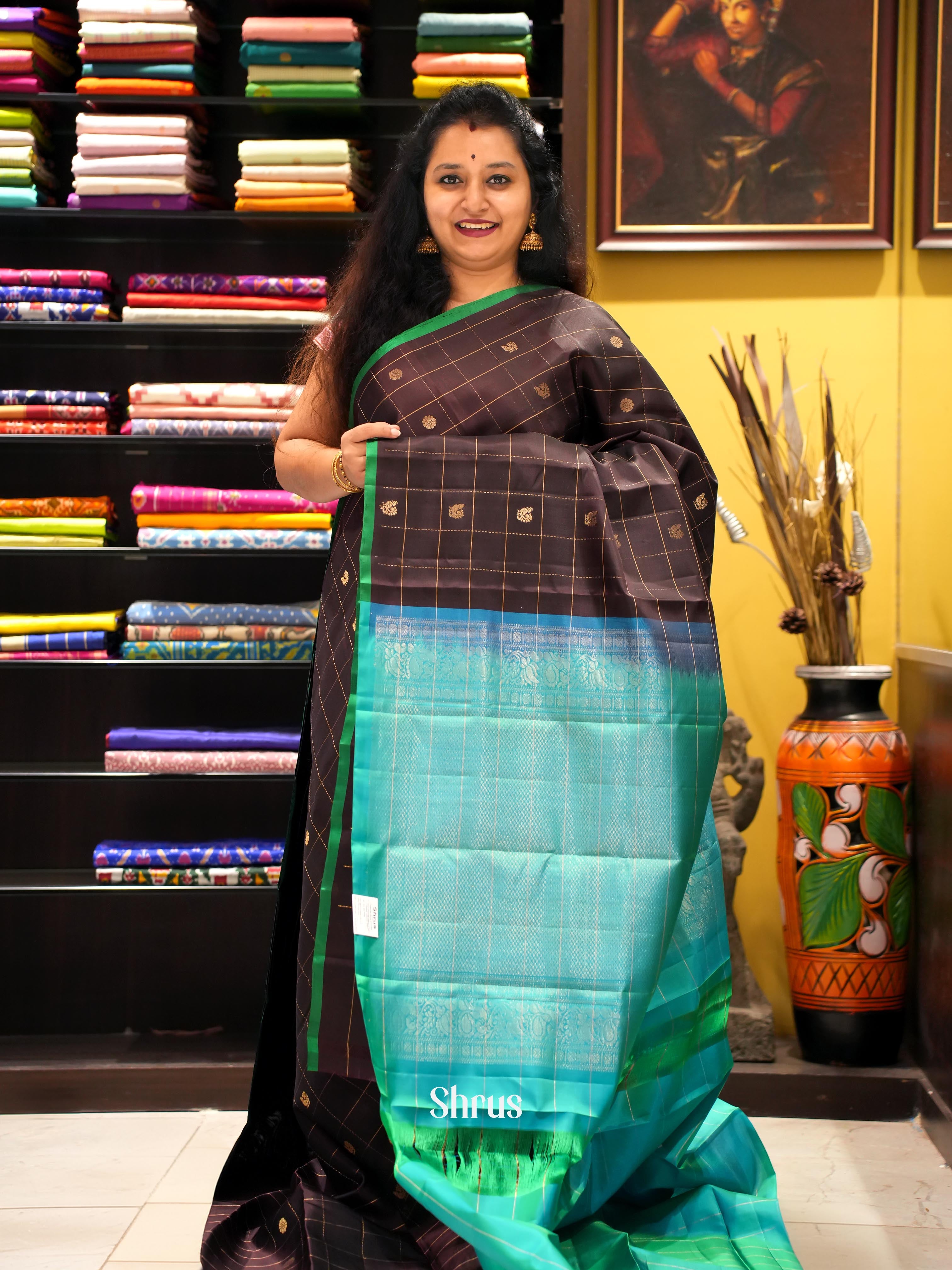Coffee Brown & Green - Soft Silk Saree - Shop on ShrusEternity.com