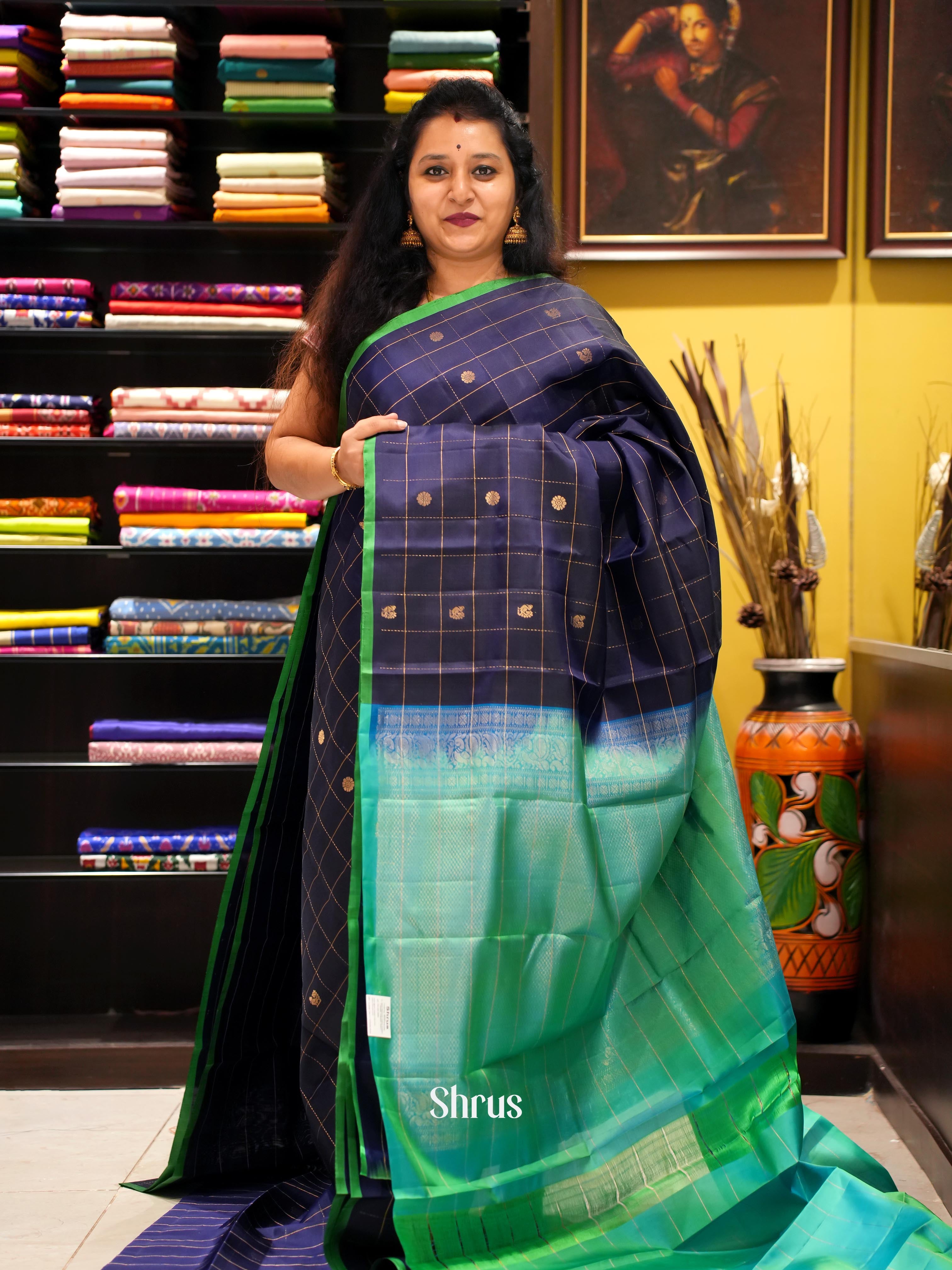Blue & Green - Soft Silk Saree - Shop on ShrusEternity.com