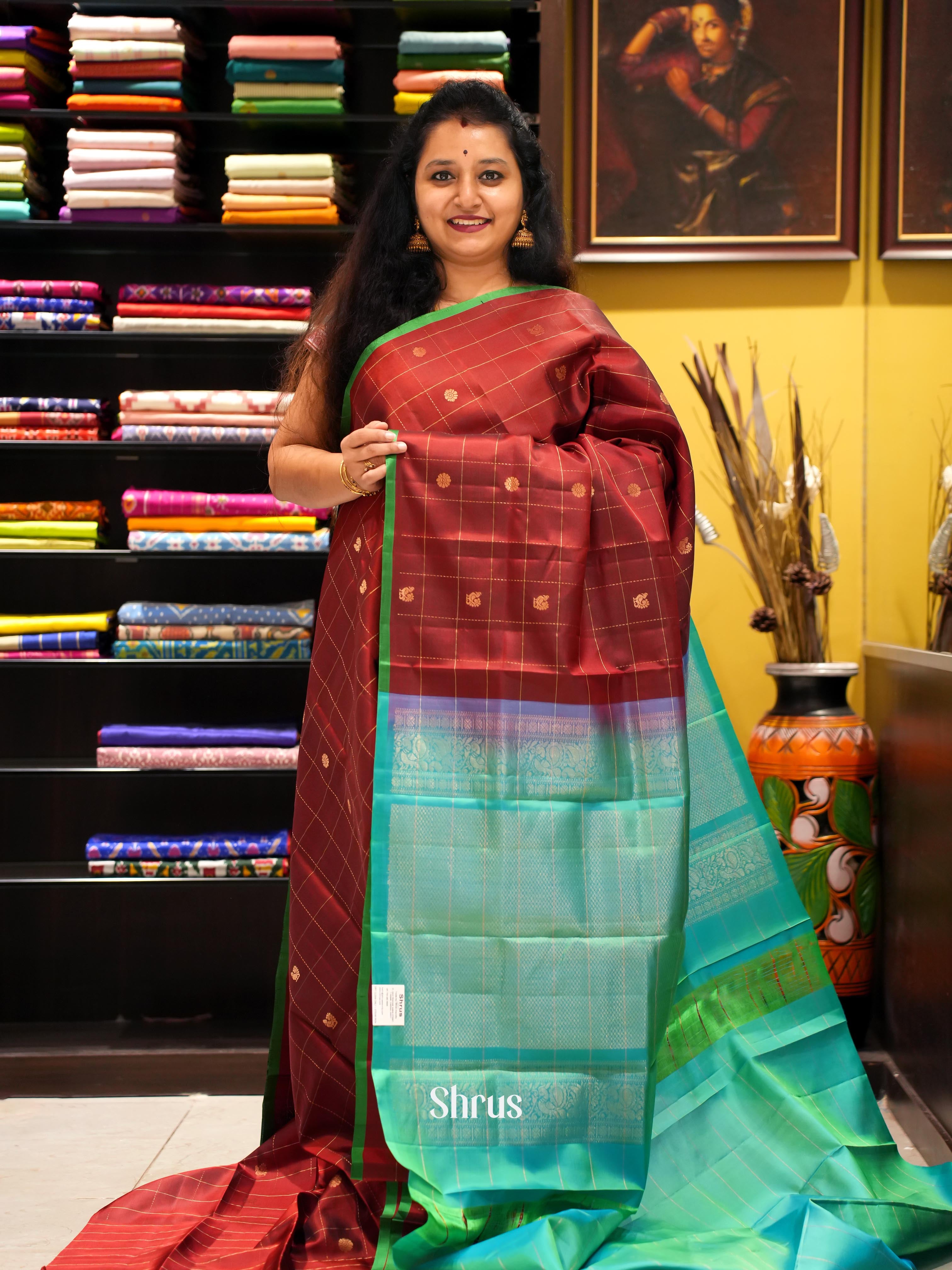Brown & Green - Soft Silk Saree - Shop on ShrusEternity.com
