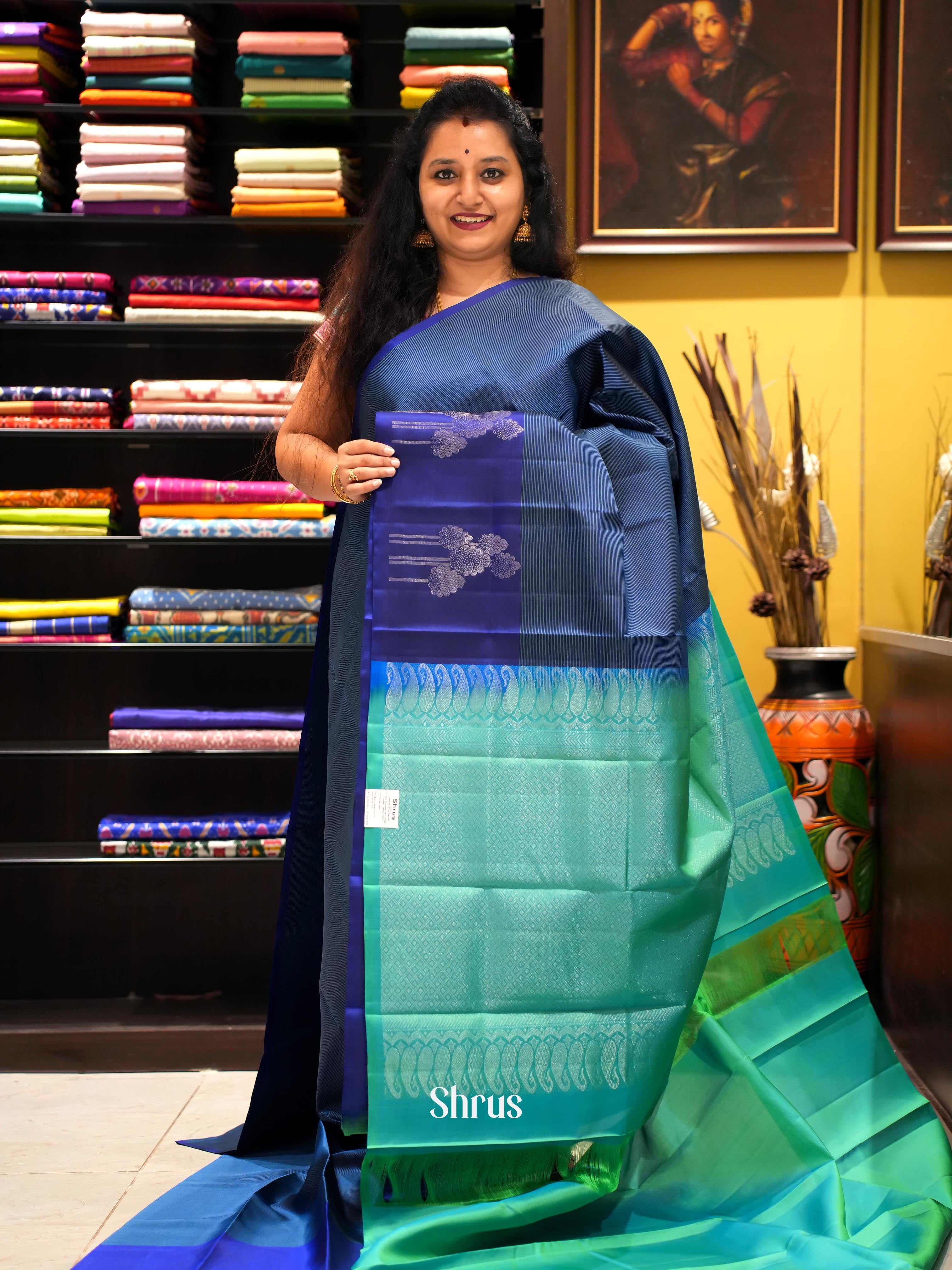 Blue & Teal Green - Soft Silk Saree - Shop on ShrusEternity.com