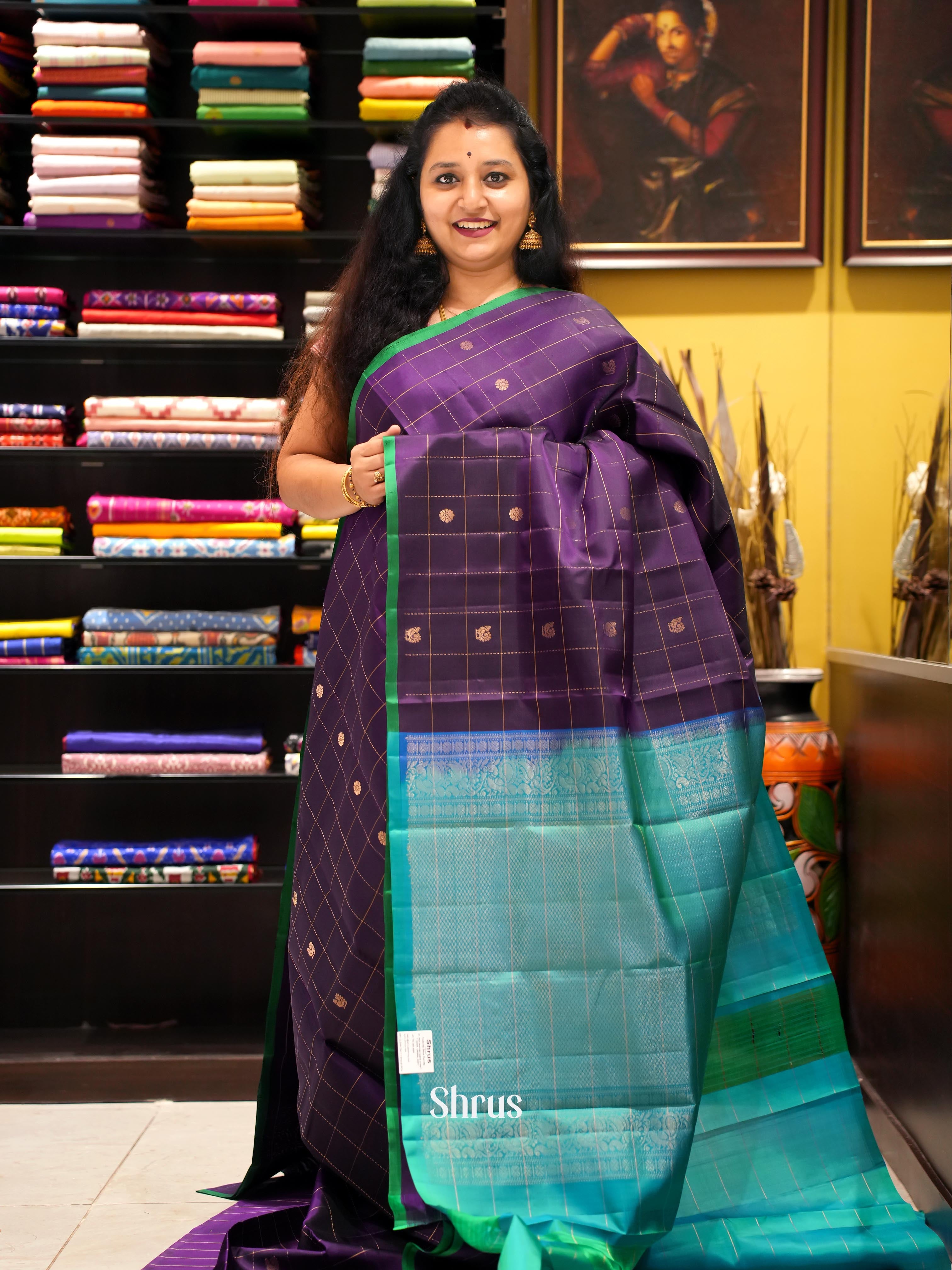Violet & Green - Soft Silk Saree - Shop on ShrusEternity.com