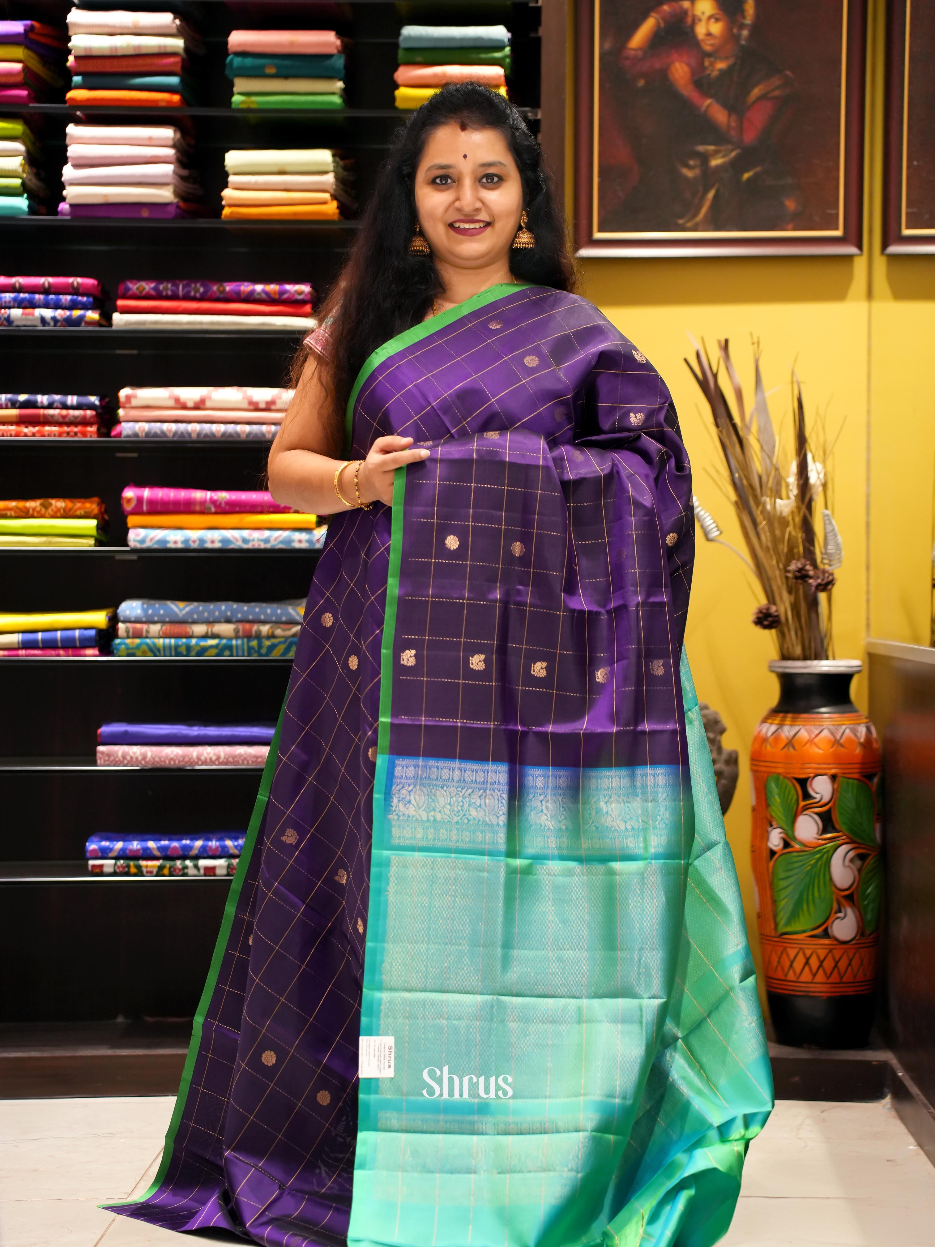 Violet & Green- Soft Silk Saree - Shop on ShrusEternity.com