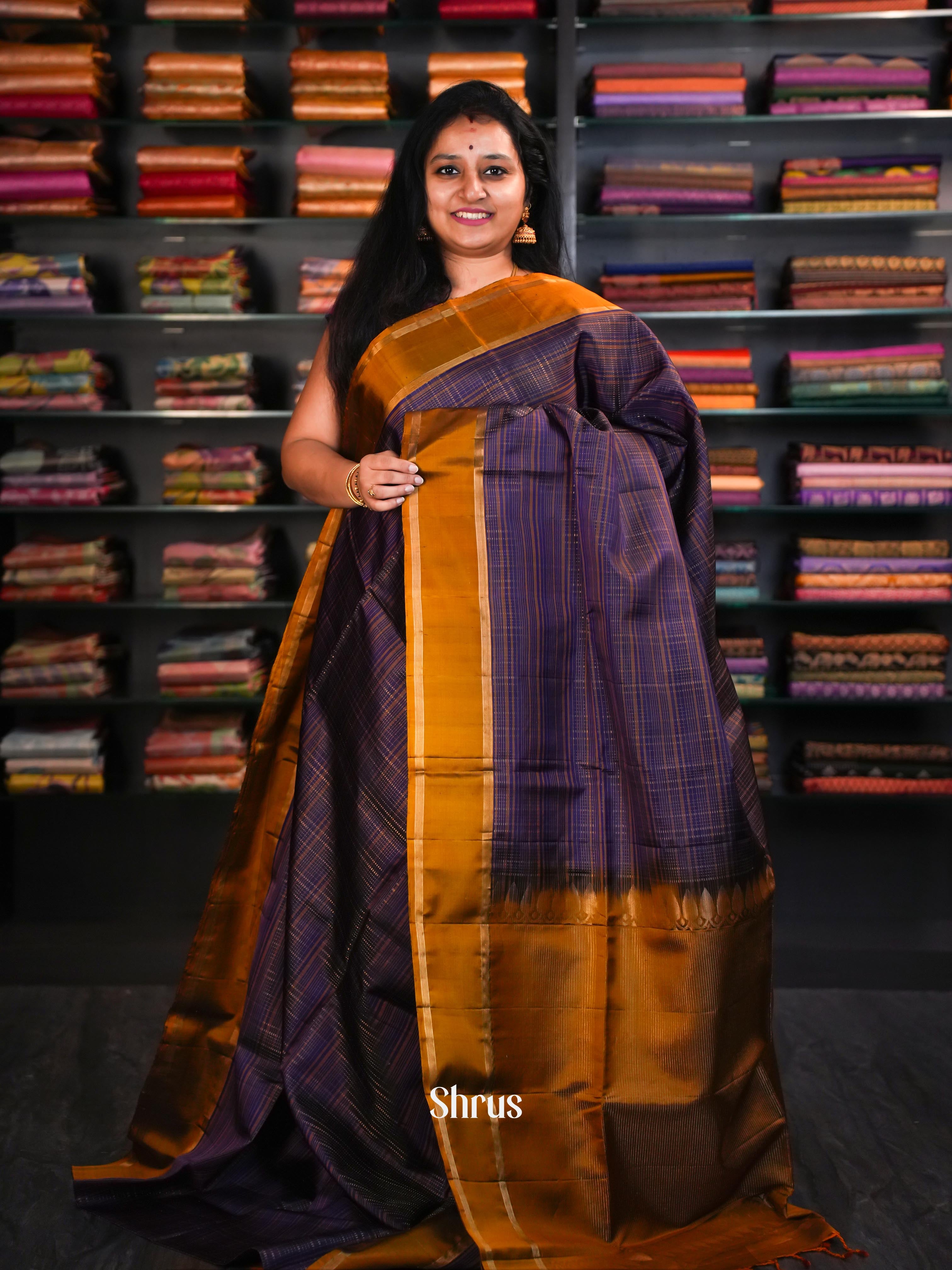 Indigo & Golden Brown - Soft Silk Saree - Shop on ShrusEternity.com