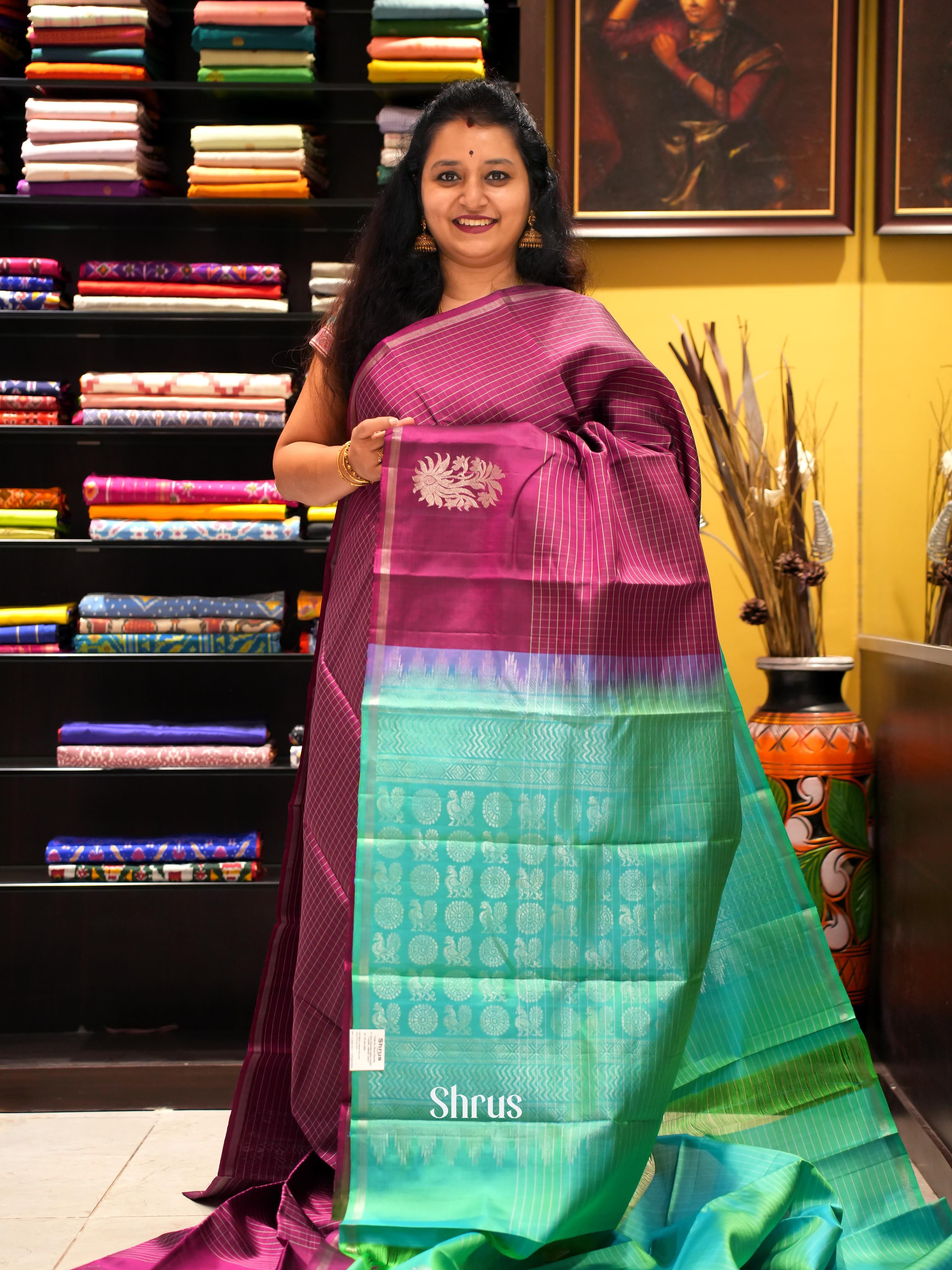 Purple & Teal - Soft Silk Saree - Shop on ShrusEternity.com