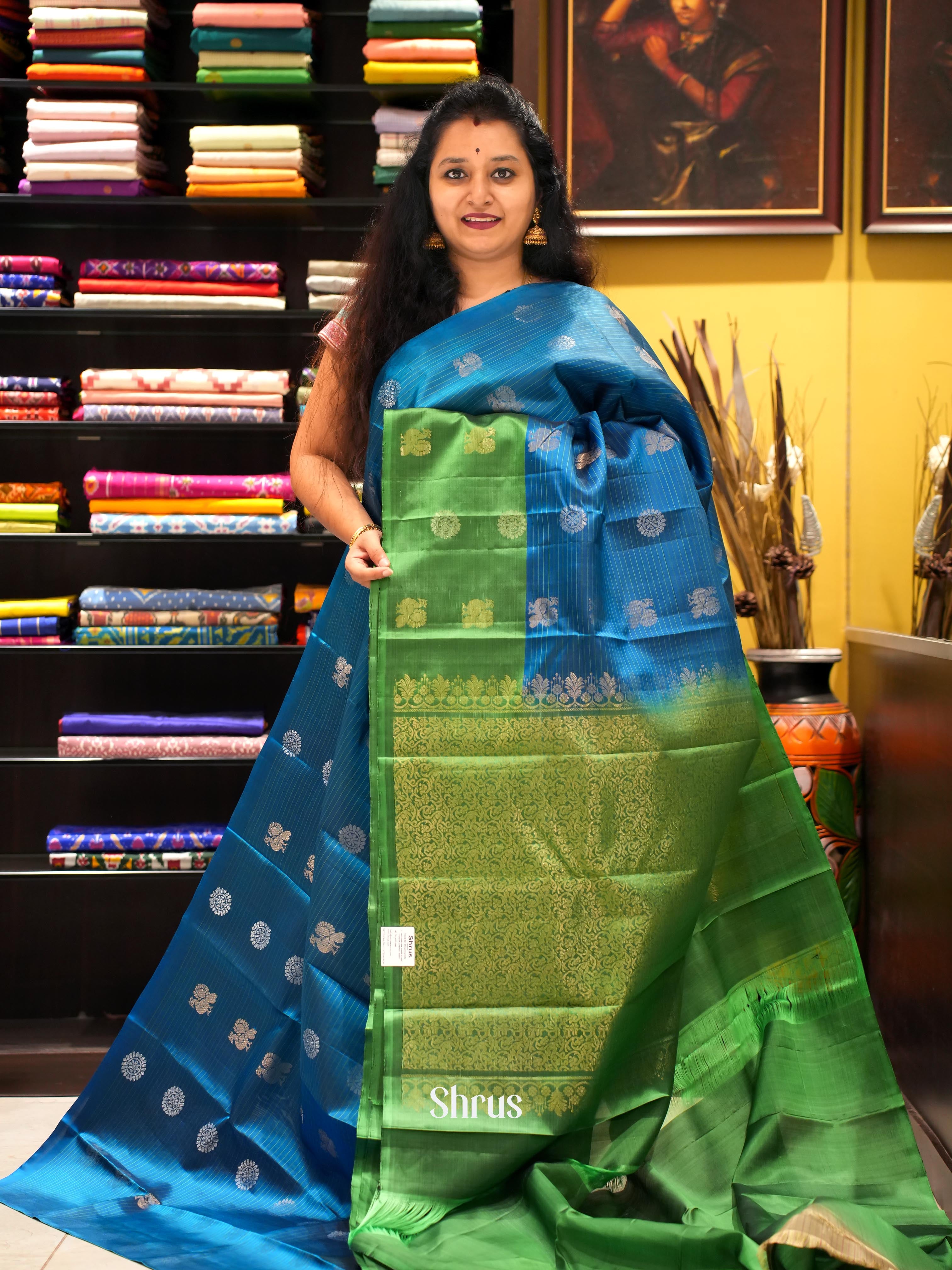 Blue & Green - Soft Silk Saree - Shop on ShrusEternity.com